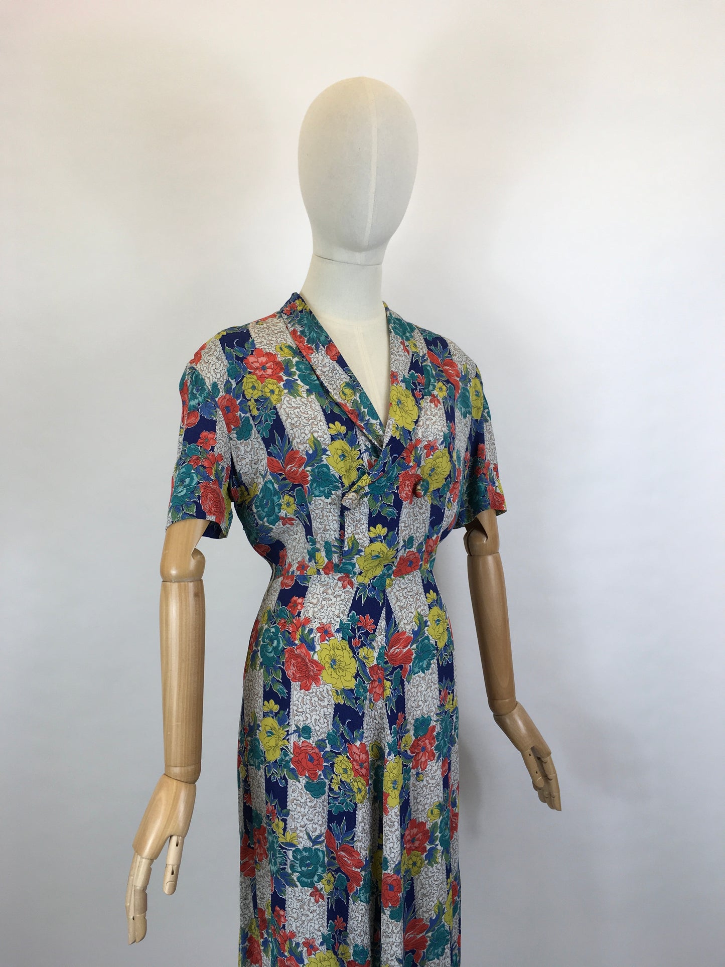 Original 1940’s STUNNING Fine Crepe Day Dress - Floral Brights in Reds, Blues, Chartreuse, Peacock and Fawns
