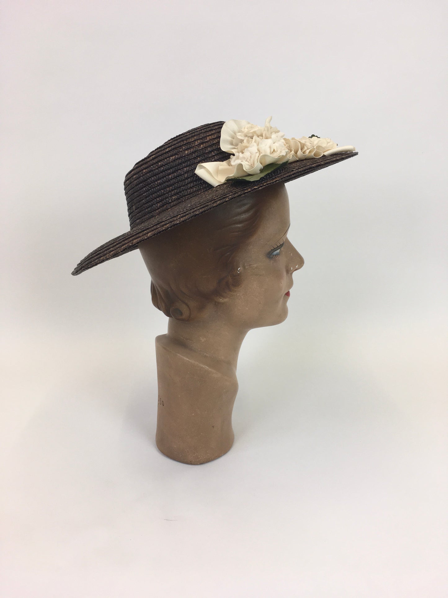 Original Late 1930's Early 1940's Fabulous Brown Straw Hat - With Delicate Cream Floral Millinery