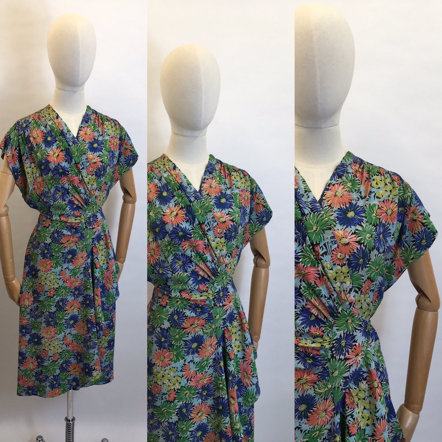 Original 1940’s STUNNING Floral Rayon Wrap Dress - Beautiful Waterfall Hip Swag