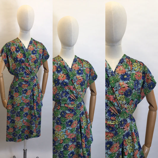 Original 1940’s STUNNING Floral Rayon Wrap Dress - Beautiful Waterfall Hip Swag