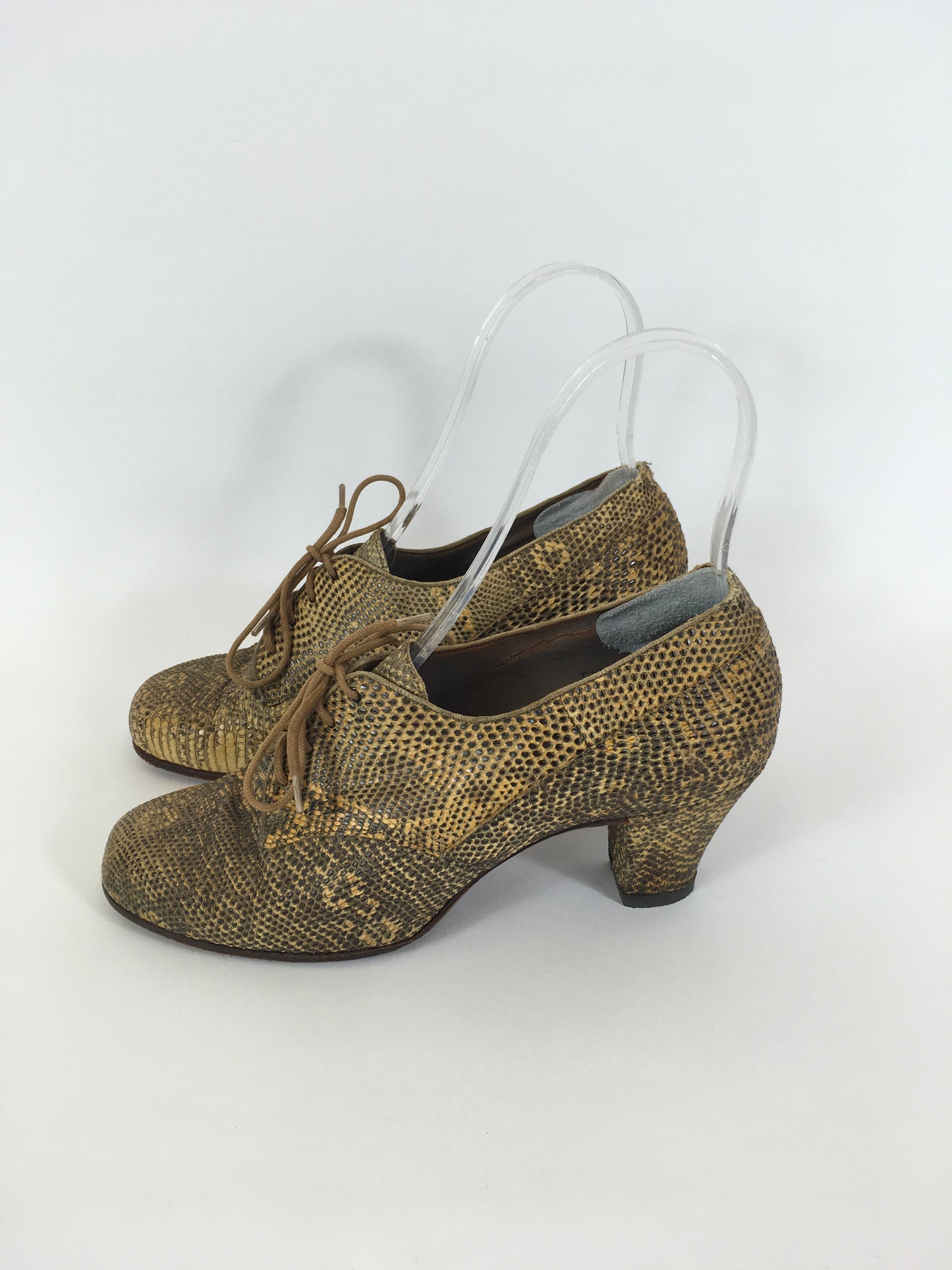 Original 1940’s Fabulous Snakeskin Heeled Lace Up Shoes - In A Lovely Warm Golden Tone