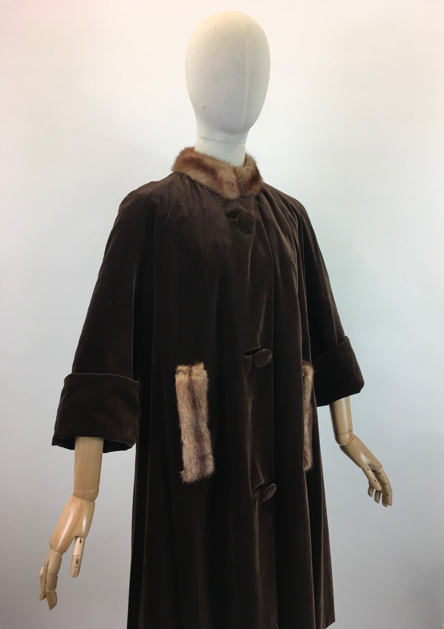 Original 1950's Stunning Velvet Swing Coat - In Chocolate Brown With Fur Trim