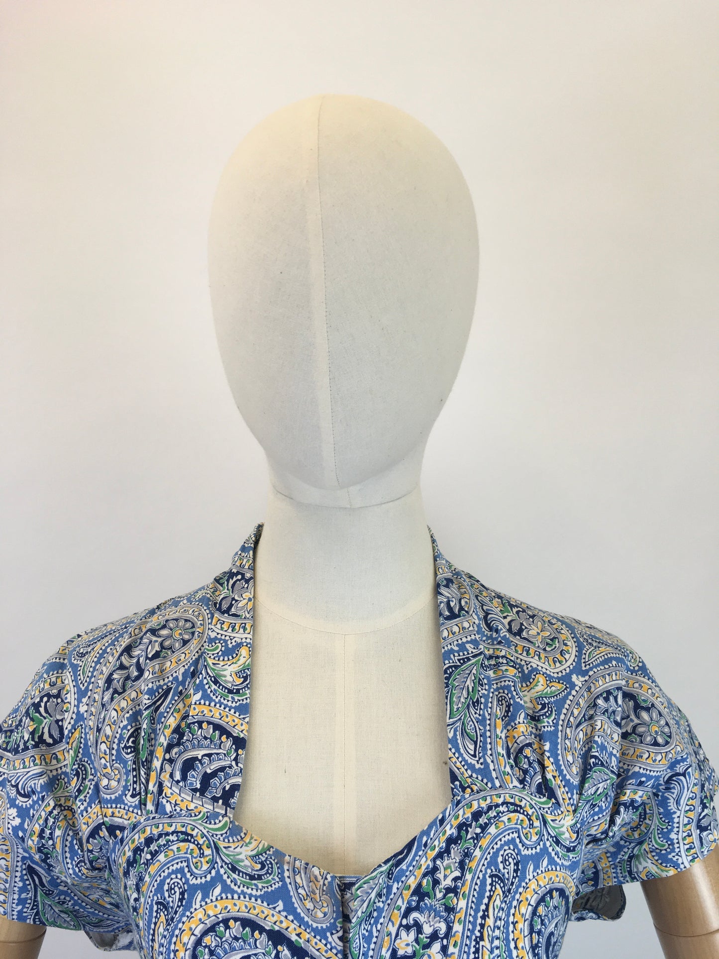 Original Late 1940’s Early 1950’s Cotton Day Dress - In A Paisley Print in Powder Blue, Navy, Yellow and Bottle Green