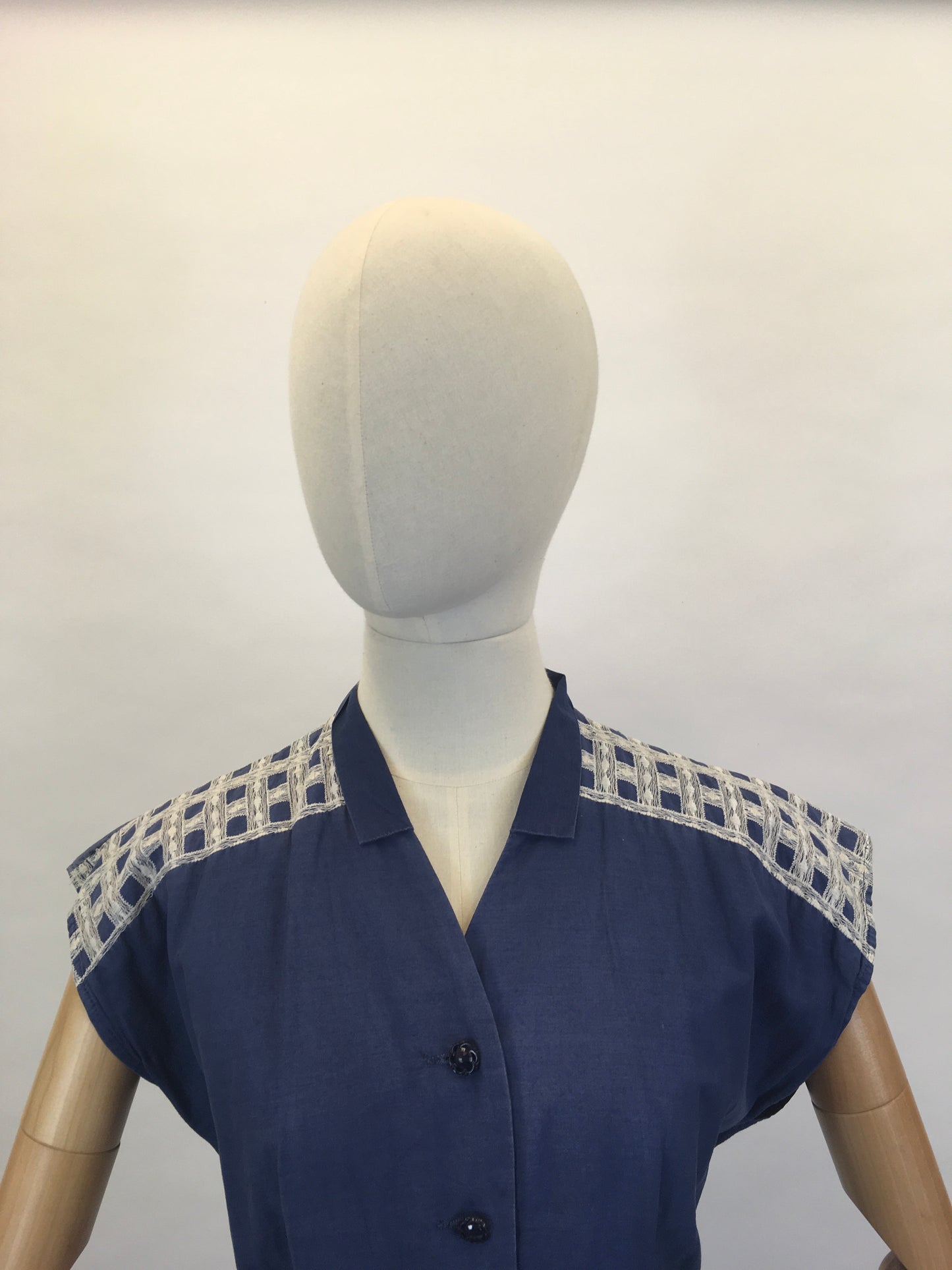Original Early 1950’s Navy Cotton Dress - With Embroidered Detailing To The Shoulders