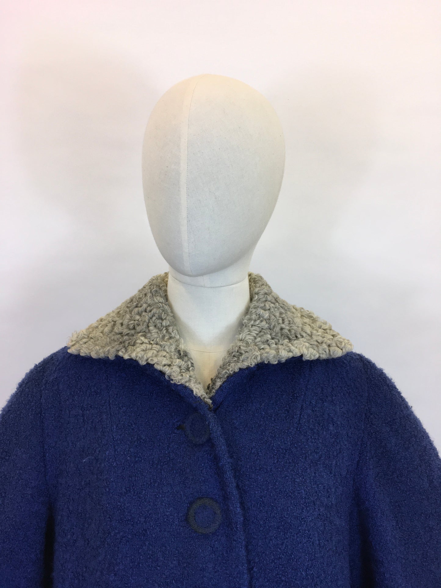 Original 1940’s Amazing Boucle Wool Coat with Astrakhan Trim - In a Royal Blue and Soft Grey