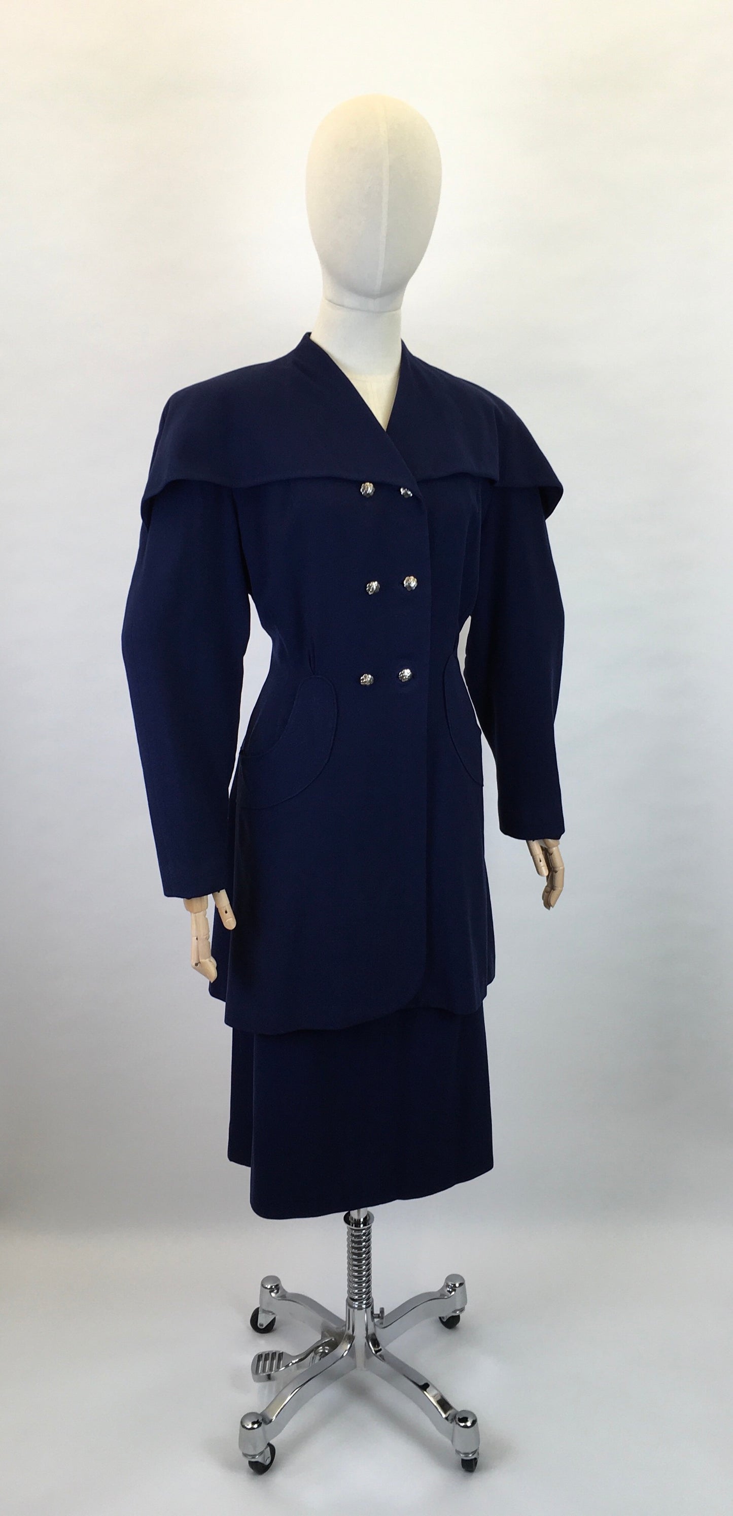 Original 1940s STUNNING Navy 2 pc Suit - With PHENOMENAL Long Line Silhouette and Cape Style Overlay