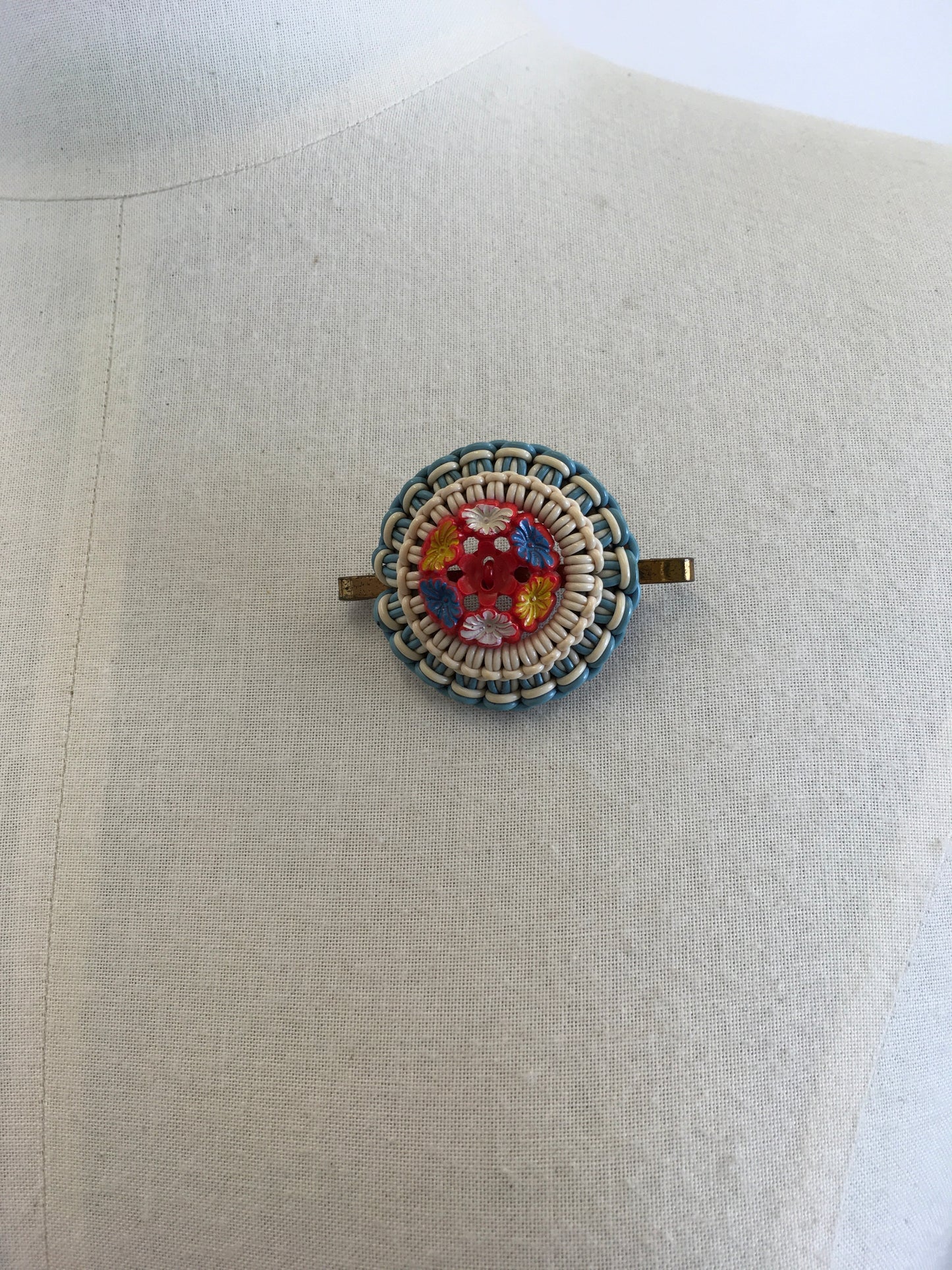 Original 1940’s Make Do and Mend Telephone Cord Brooch - In A Soft Blue & Cream with Red Floral Button