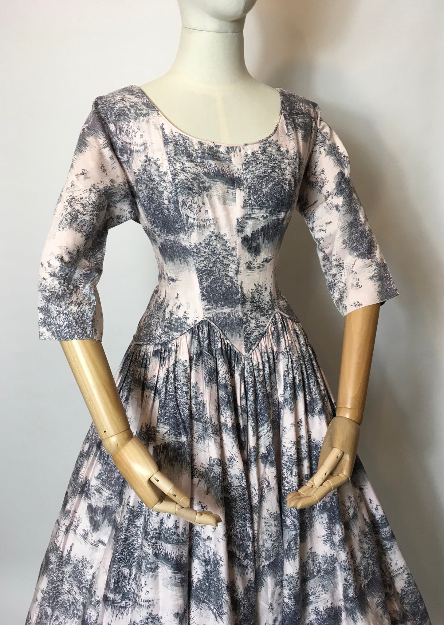 Original 1950s Darling Dress - In the Most Delicate Powder Pink with Charcoal Stencil Overlay Print