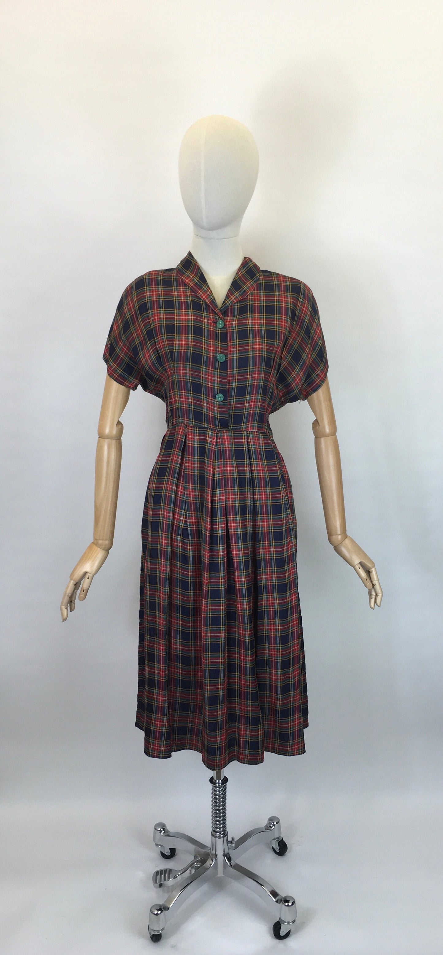 Original 1940’s Plaid Dress - In Rich Blues, Burgundy’s, Old Gold and Forest Greens
