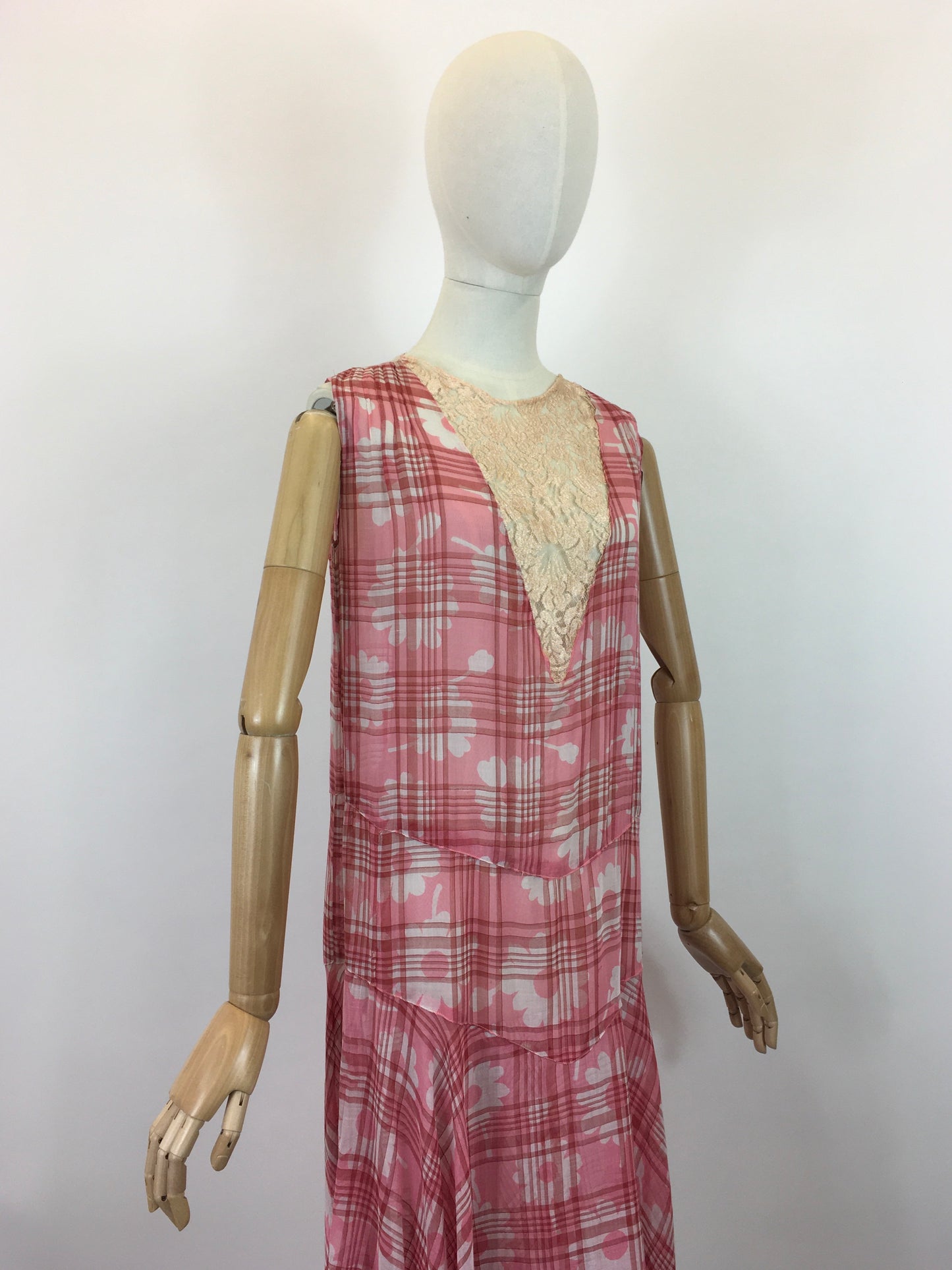 Original 1920's Darling Cotton Lawn Day Dress - In A Rose Pink Floral and Plaid Cloth