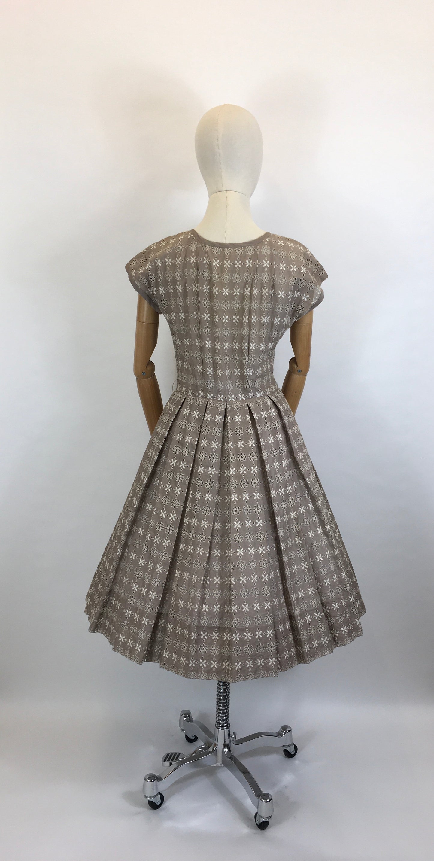 Original 1950’s Darling Broderie Anglaise Cotton Day Dress - In a Soft Fawn with White Accents