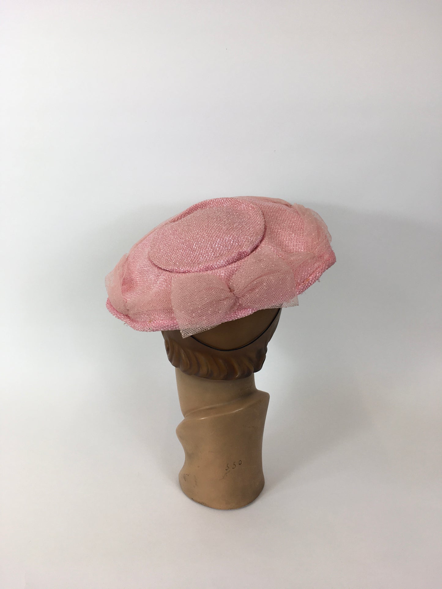 Original 1950’s Darling Powder Pink Platter Hat - With Attached Polka Dot Veiling and Bow