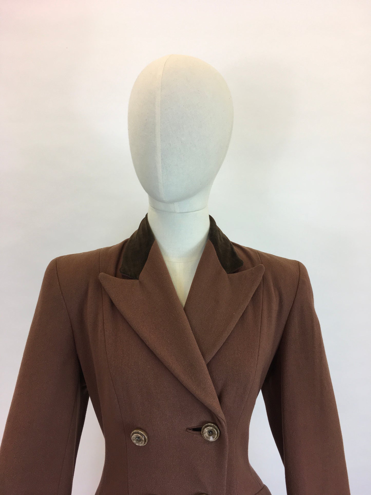 Original 1940’s SENSATIONAL Brown Wool Coat - With A Beautiful Rich Brown Velvet Trim