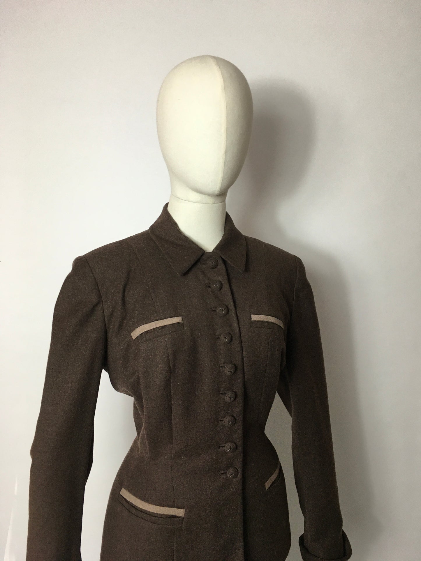 Original 1940’s 2pc Suit in A Lovely Brown Wool, Stunning Detailing and Seamwork
