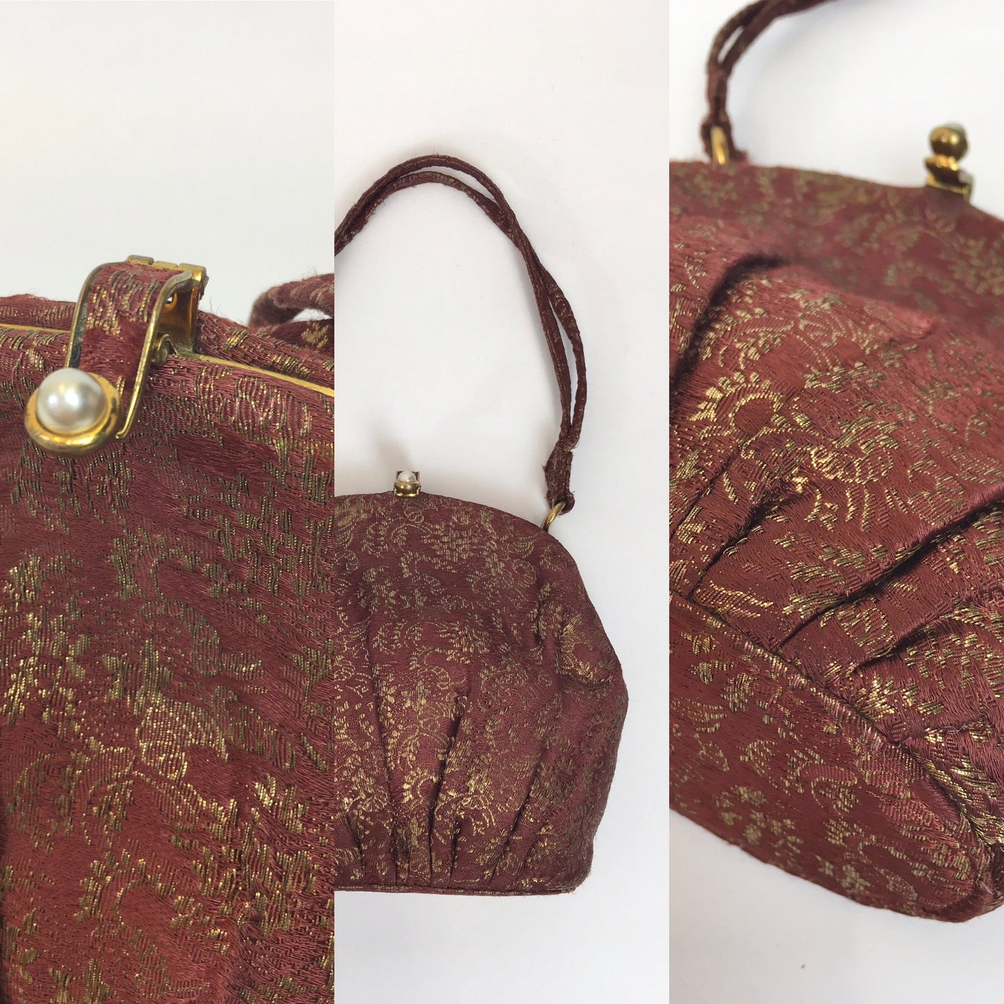 Original 1930’s Lame Evening Bag - In A Beautiful Burgundy with Gold Lame Floral Brocade