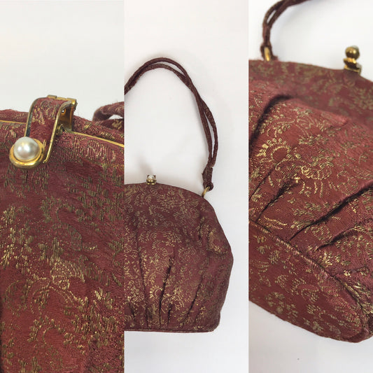 Original 1930’s Lame Evening Bag - In A Beautiful Burgundy with Gold Lame Floral Brocade