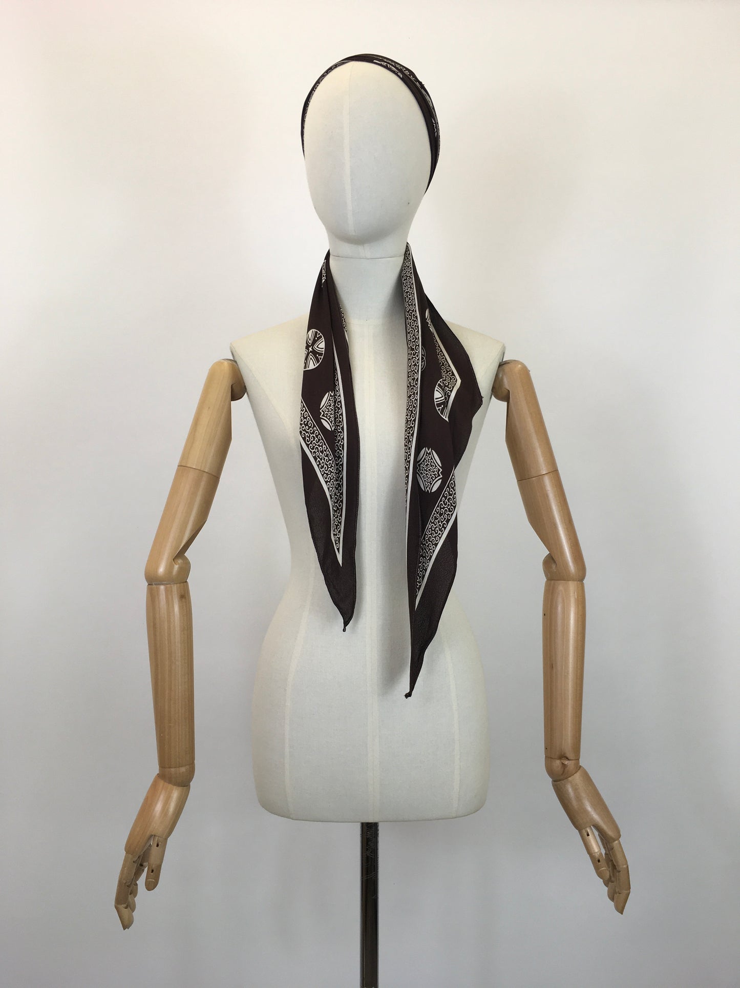 Original 1930's / 1940's Rayon Silk Deco Scarf - In A Chocolate Brown and Off White