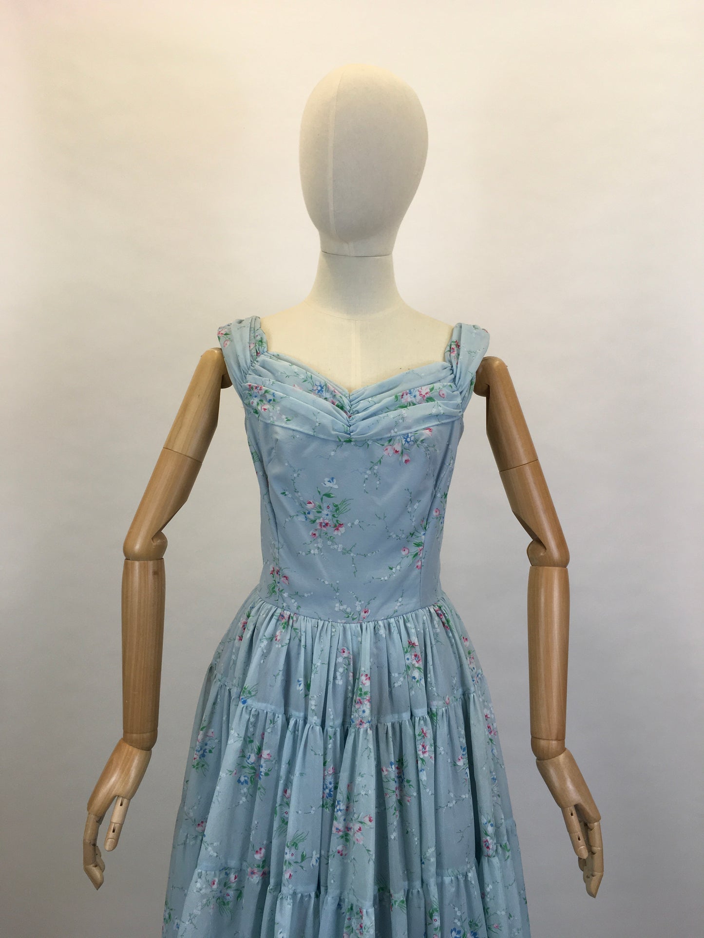 Original 1950’s Darling Full Length Prom Dress - In A Lovely Powder Blue Floral Tulle.