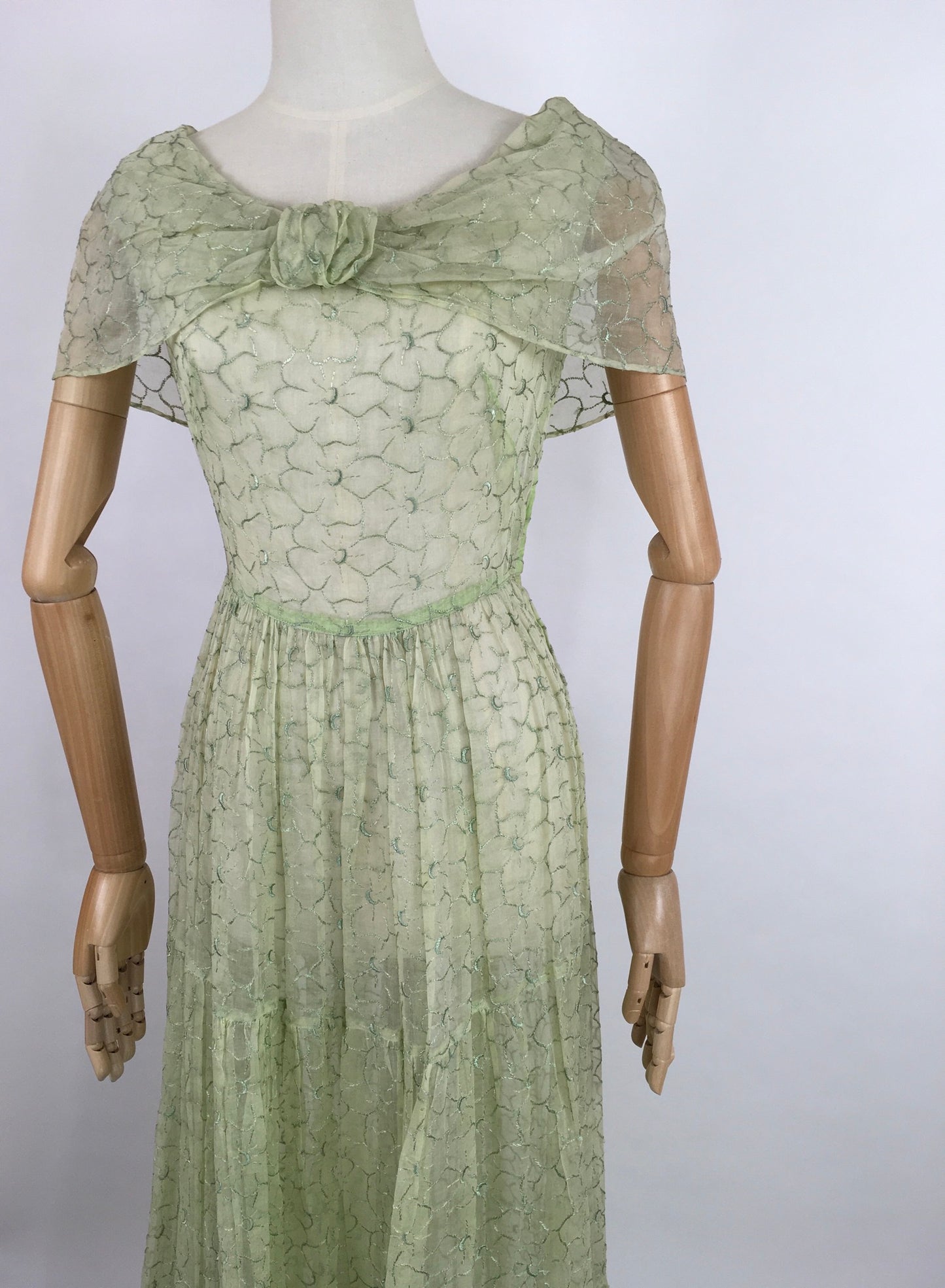 Original 1930s Full Length Summer Dress - In a Beautiful Soft Green Embroidered Cotton Lawn