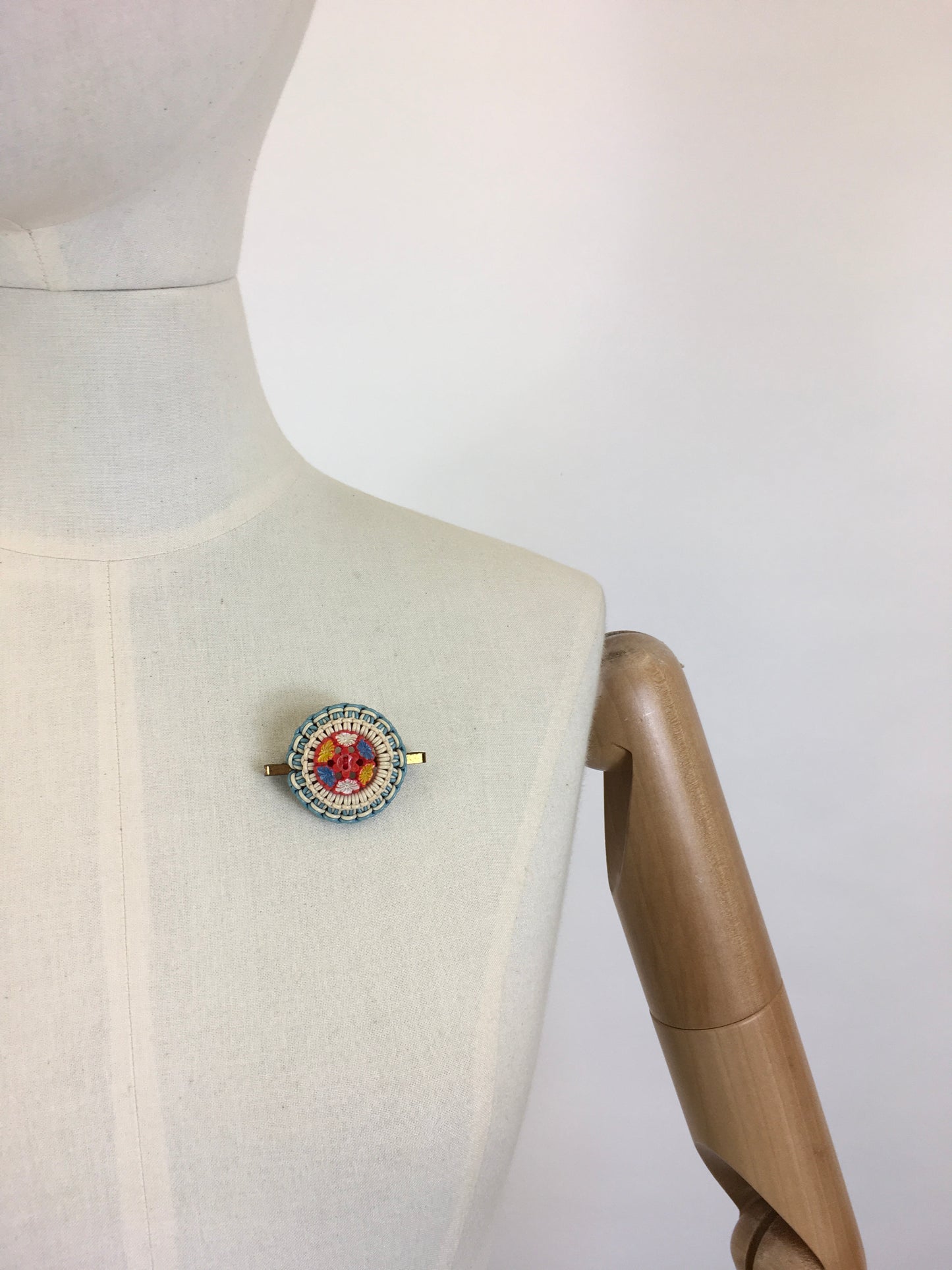 Original 1940’s Make Do and Mend Telephone Cord Brooch - In A Soft Blue & Cream with Red Floral Button