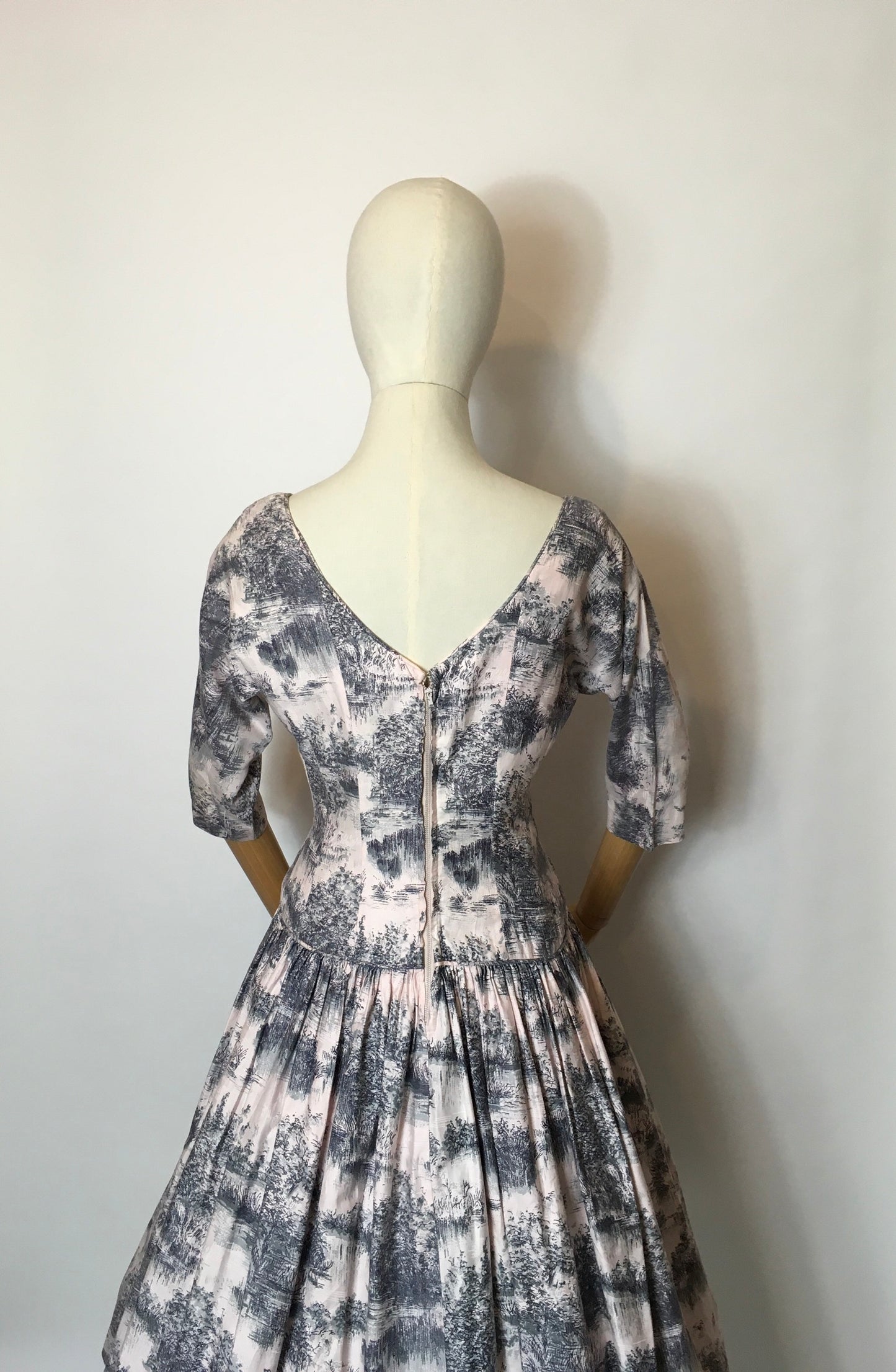 Original 1950s Darling Dress - In the Most Delicate Powder Pink with Charcoal Stencil Overlay Print