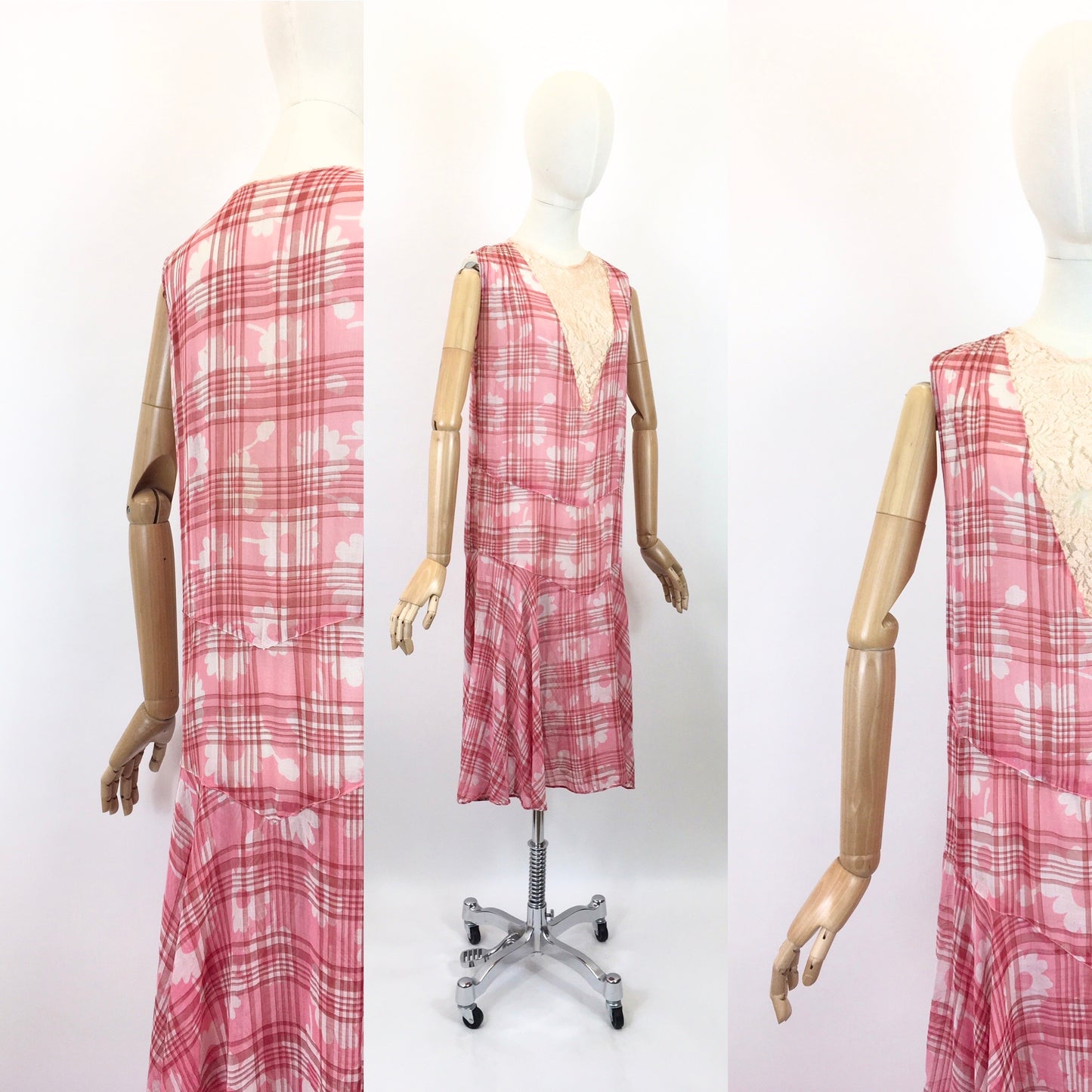 Original 1920's Darling Cotton Lawn Day Dress - In A Rose Pink Floral and Plaid Cloth