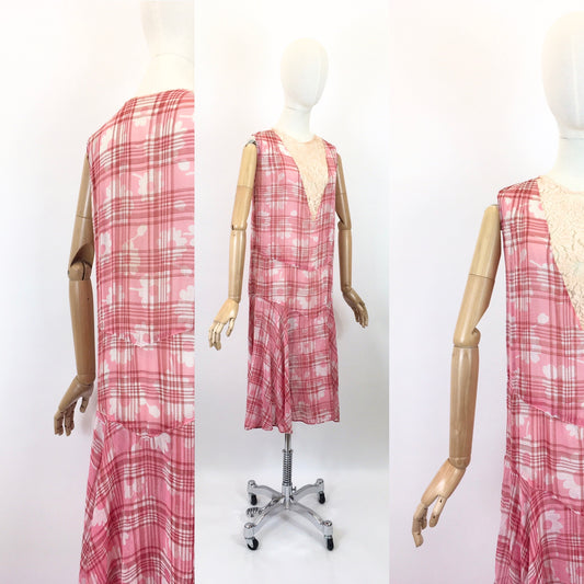 Original 1920's Darling Cotton Lawn Day Dress - In A Rose Pink Floral and Plaid Cloth