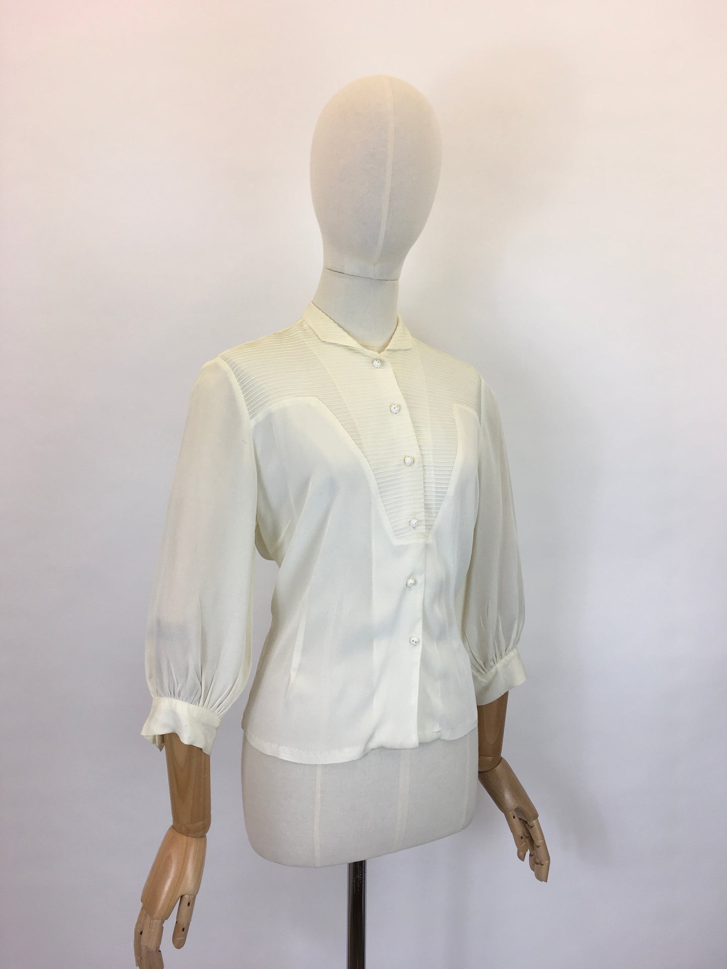 Original Late 1940’s Cream Blouse - With Lovely Pleated Detailing To The Bodice
