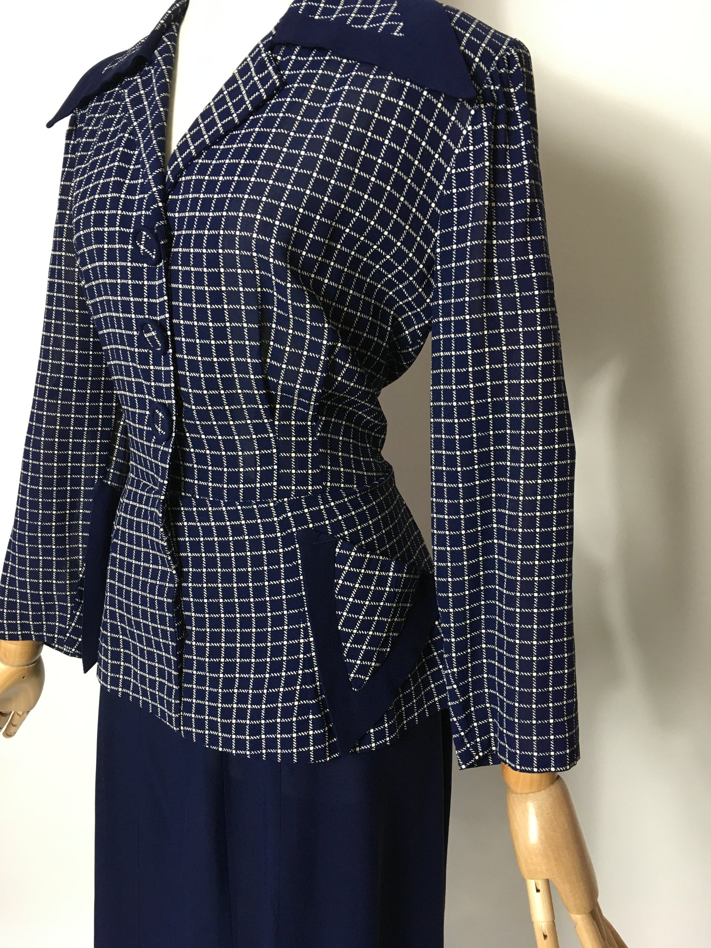 Original 1940’s Illusion Dress with Sharp Collar - Contrast Check & Navy Rayon