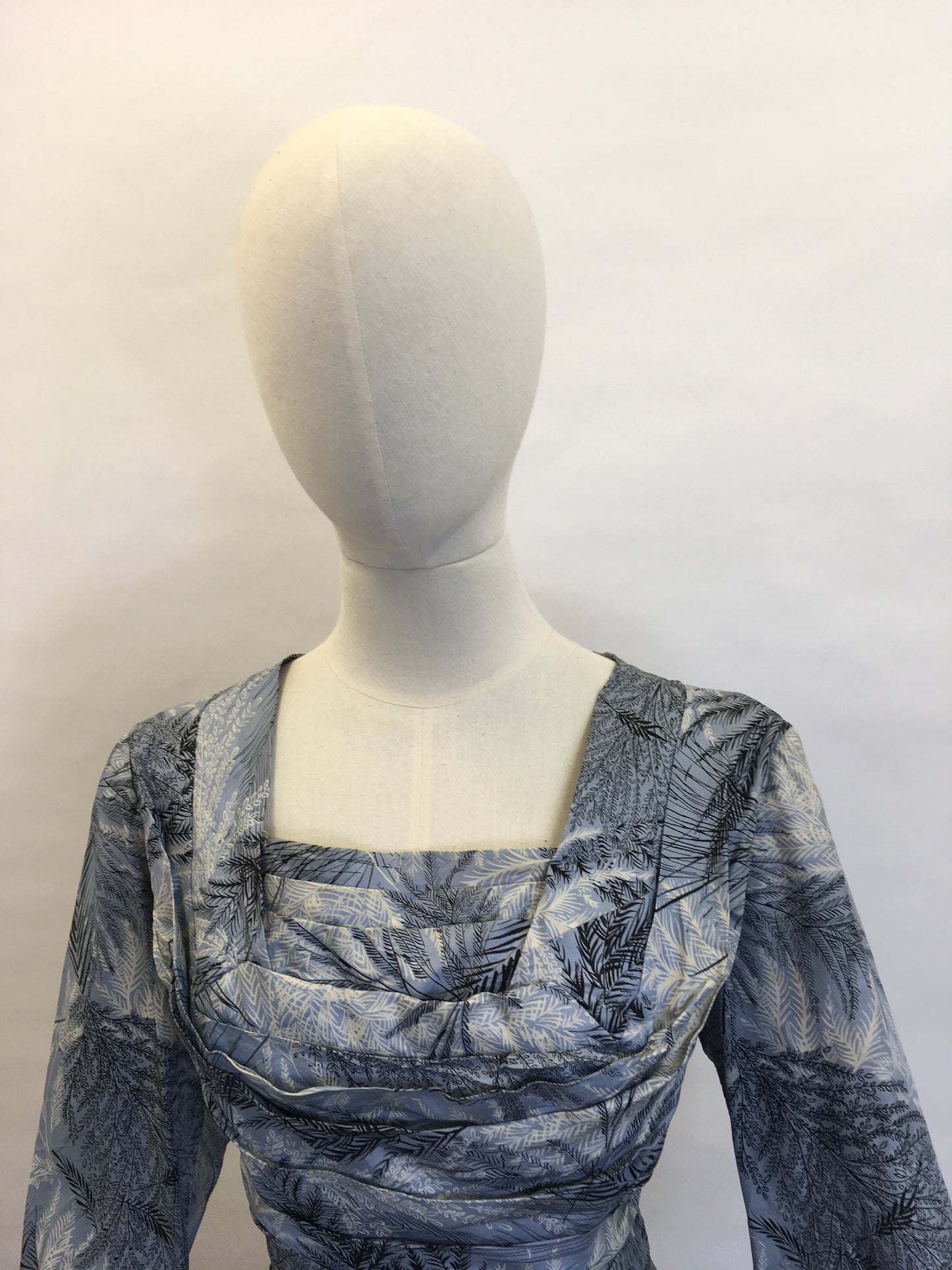 Original 1940’s Cocktail Dress - In a lovely Fern Print Silk in Power Blues and Shades of Grey