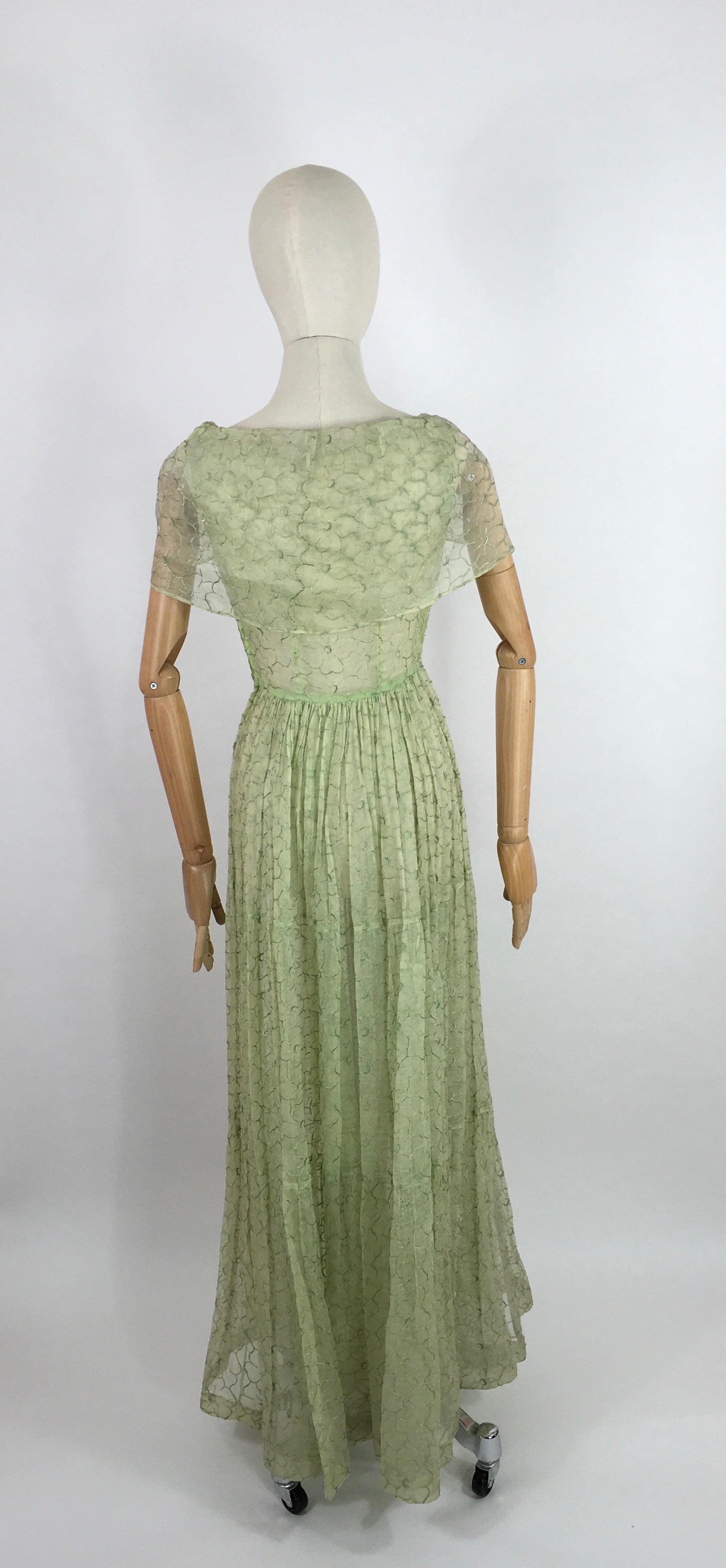 Original 1930s Full Length Summer Dress - In a Beautiful Soft Green Embroidered Cotton Lawn