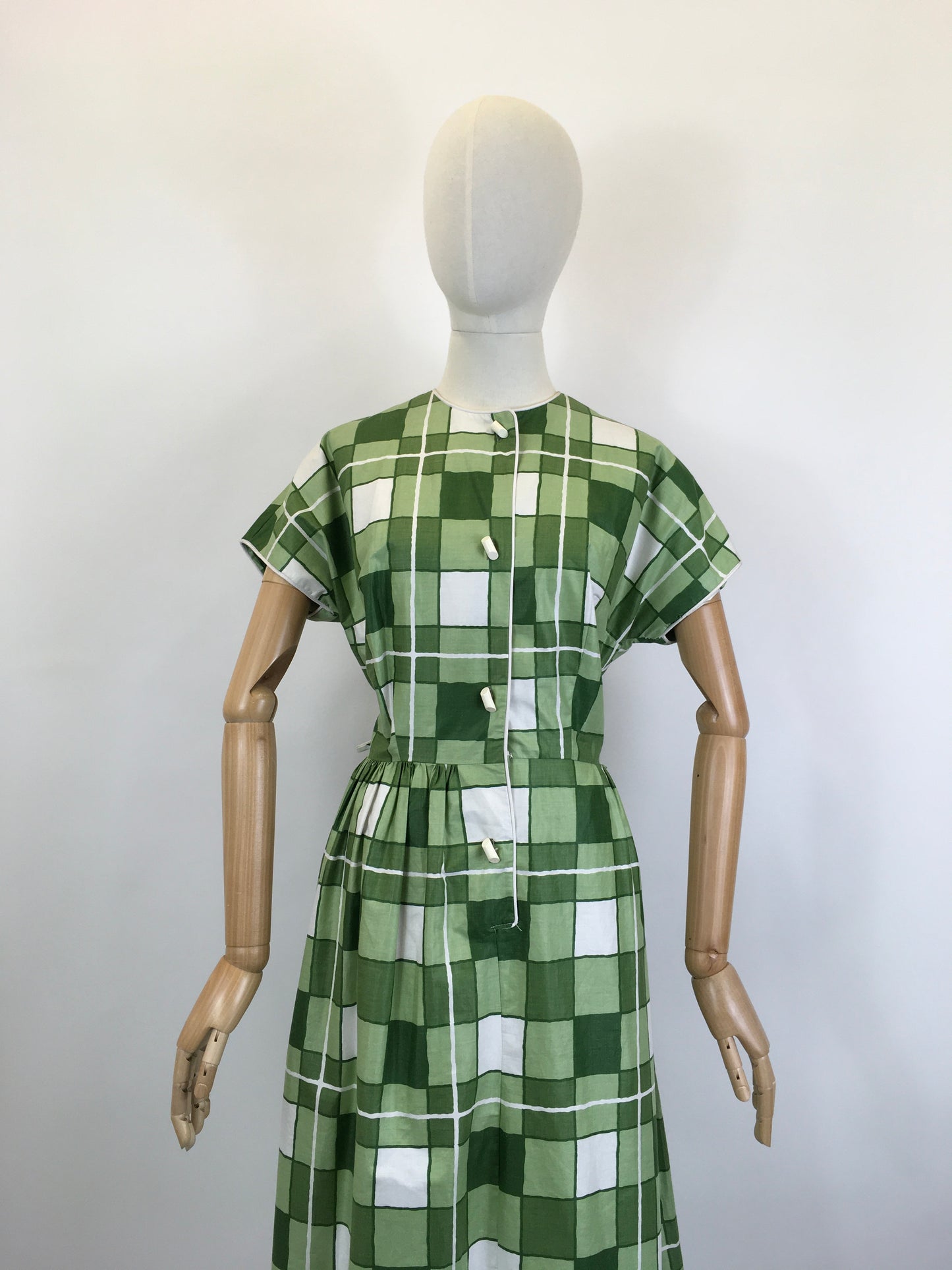 Original 1950's Darling Cotton Day Dress - In Shades of Green & White