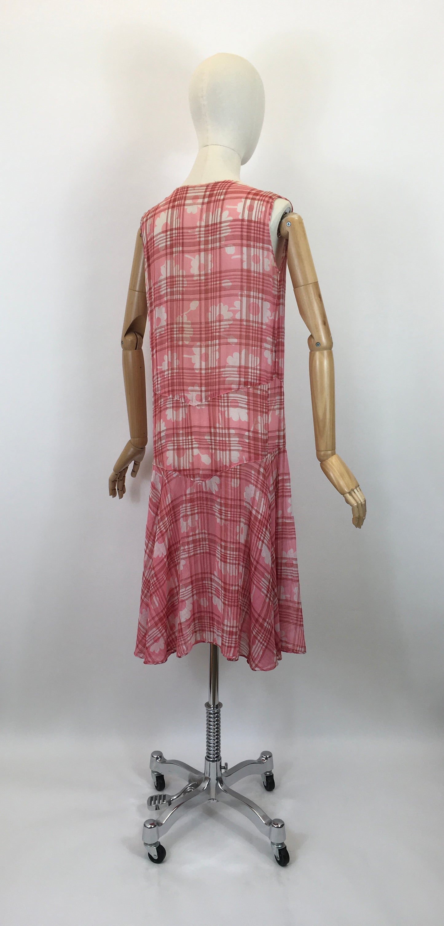 Original 1920's Darling Cotton Lawn Day Dress - In A Rose Pink Floral and Plaid Cloth