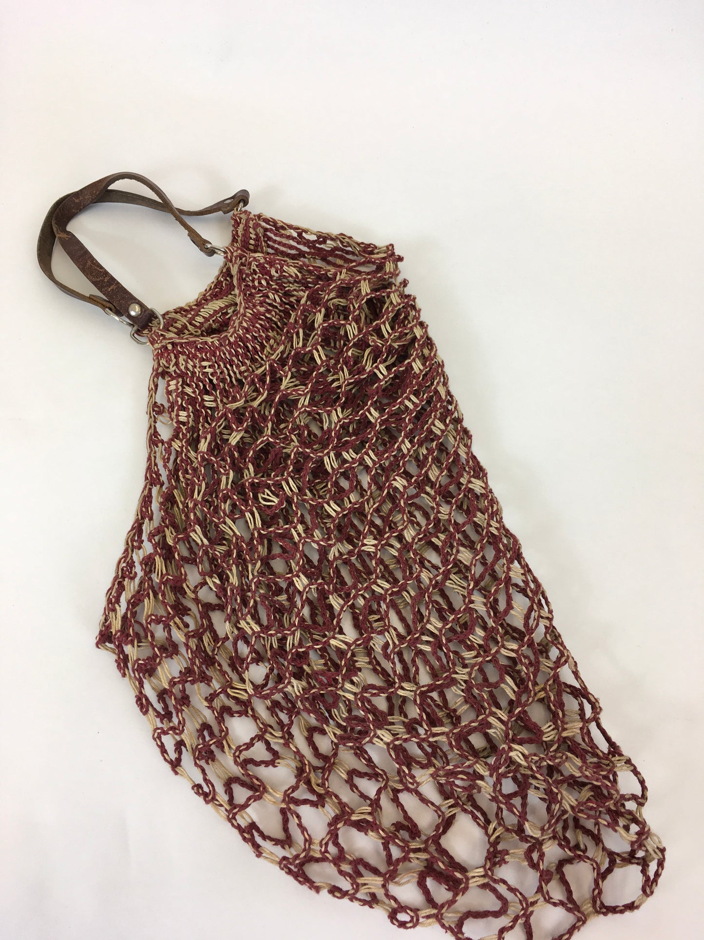 Original 1930’s / 1940’s Burgundy & White String Bag with Leather Handles - A Fabulous Piece Of Nostalgia