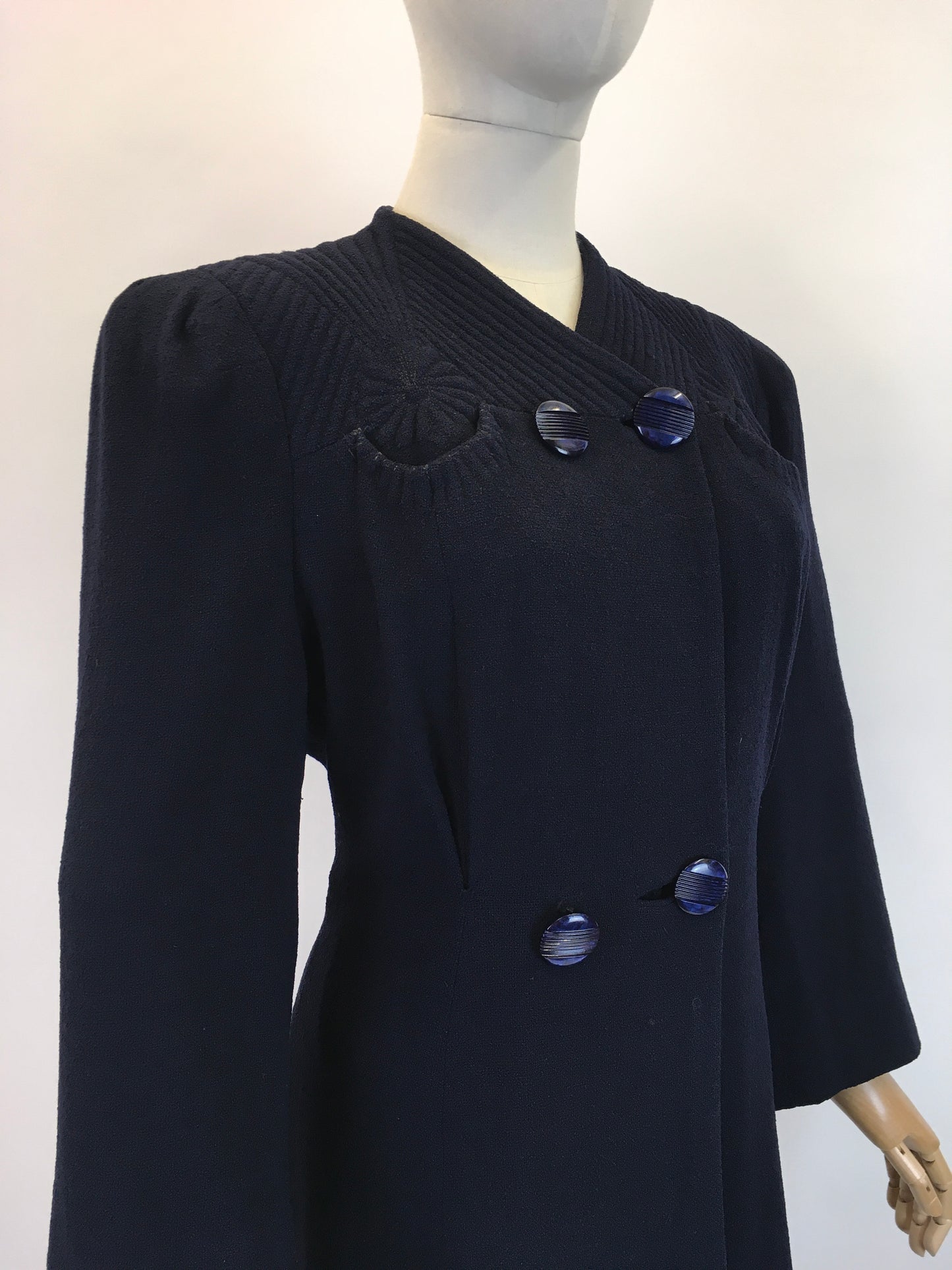 Original 1930’s Darling Navy Wool Crepe Coat - With Stunning Trapunto Detailing