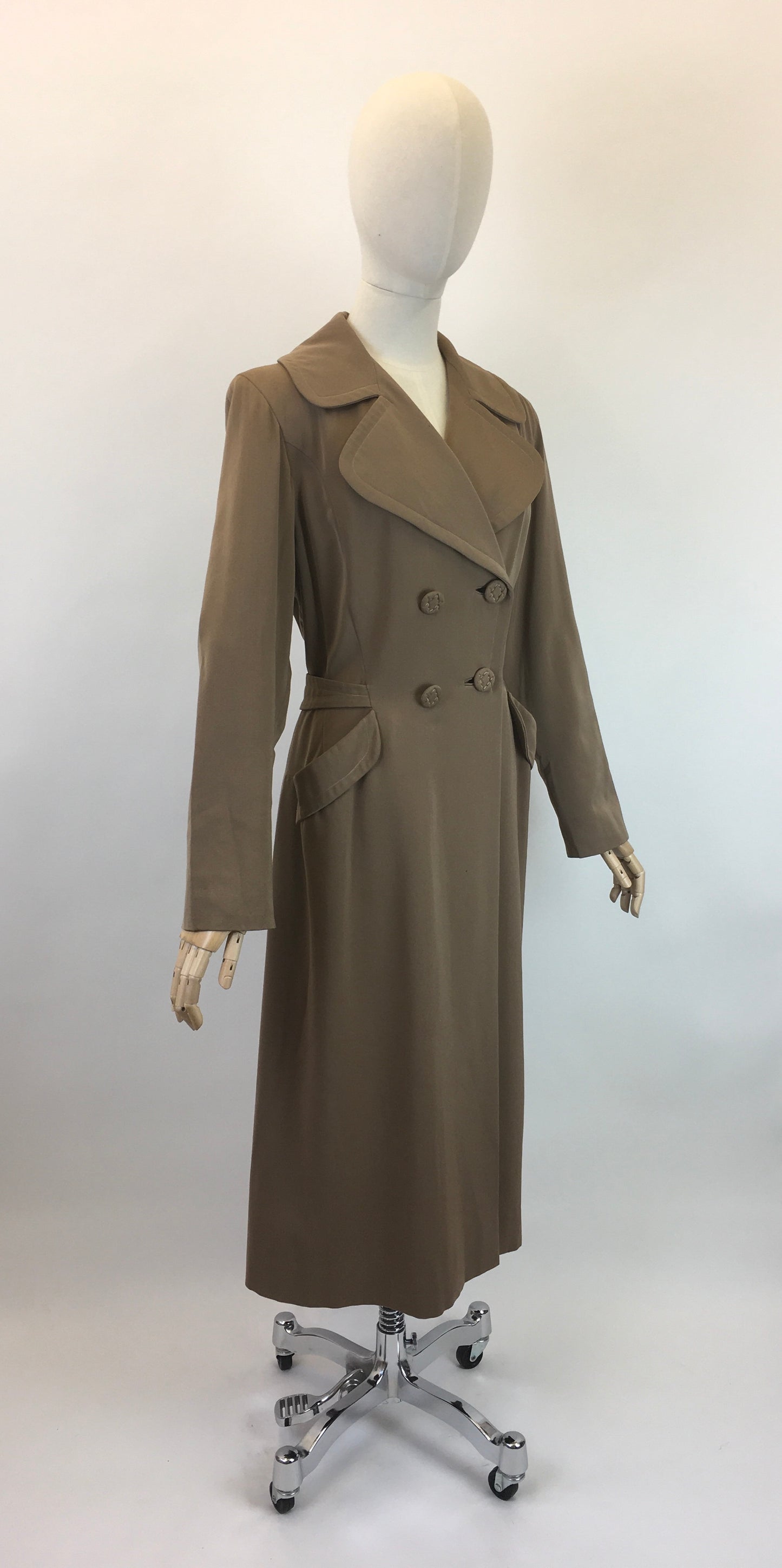Original 1940's American Warm Taupe Gabardine Coat - With Stunning Pleated Back Detailing