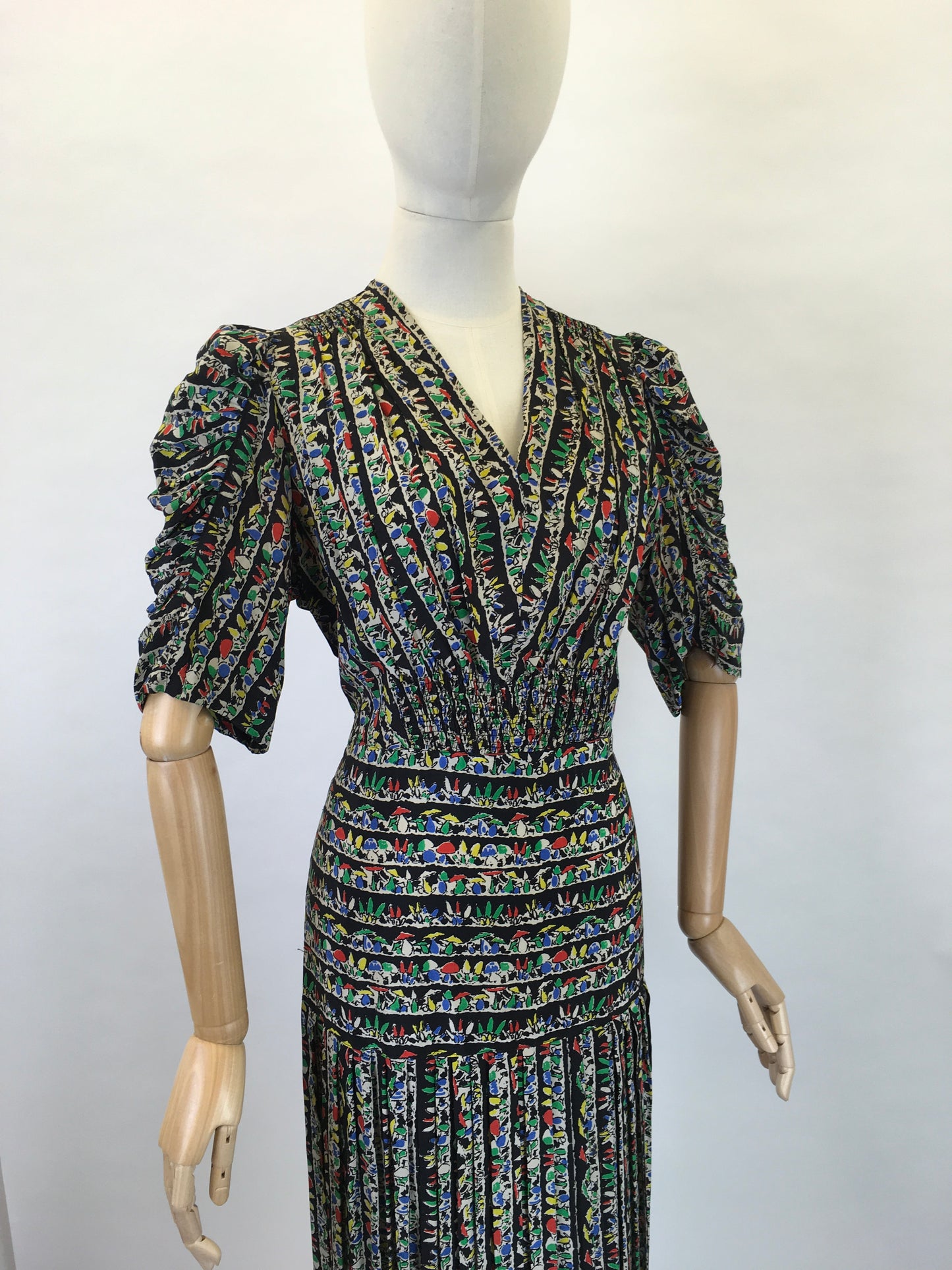 Original 1930s STUNNING Novelty Print Dress - Featuring Toadstools I’m Primary Reds, Yellows, Blues and Greens