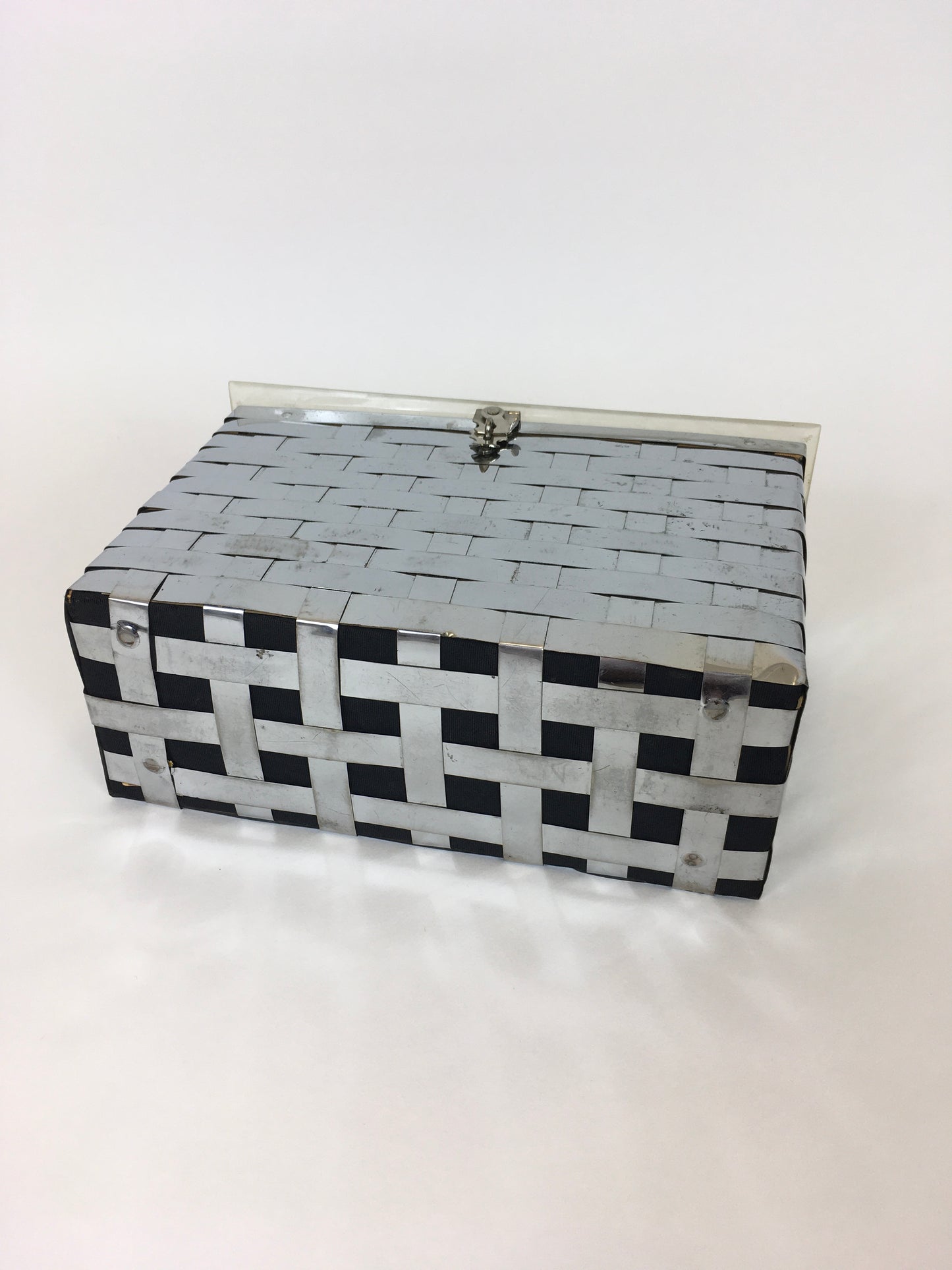 Original 1950’s Metal Lattice Work Box Bag - With Lucite Lid and Handle