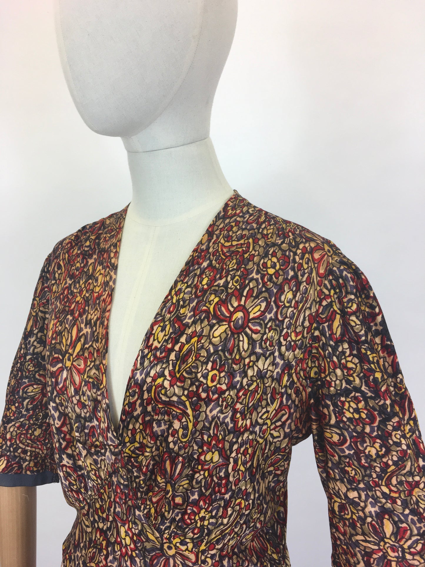 Original 1940’s STUNNING Rayon Jersey Dress AS IS - In Reds, Purples, Yellows & Navy