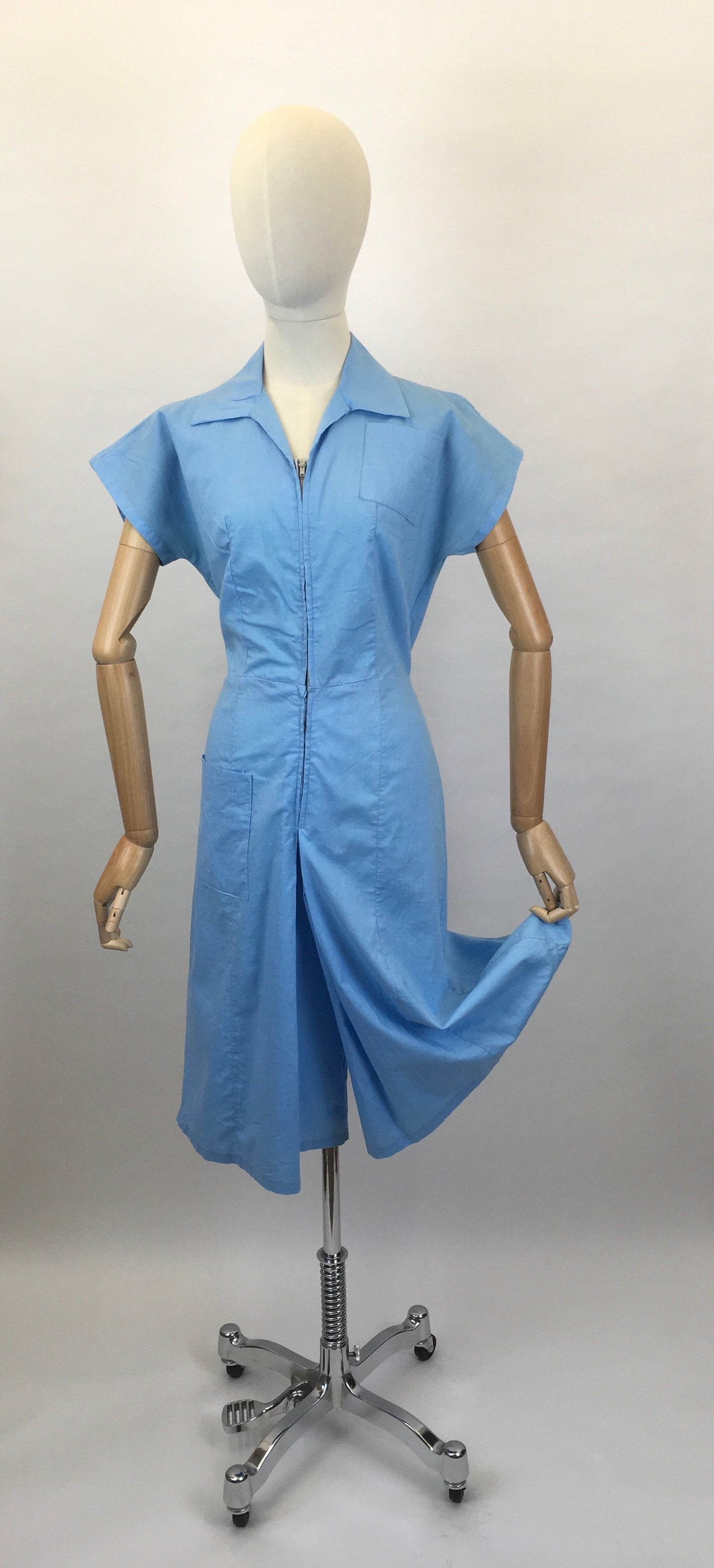 Original 1940’s Homemade Zip Front Playsuit - In a Lovely Sky Blue Cotton