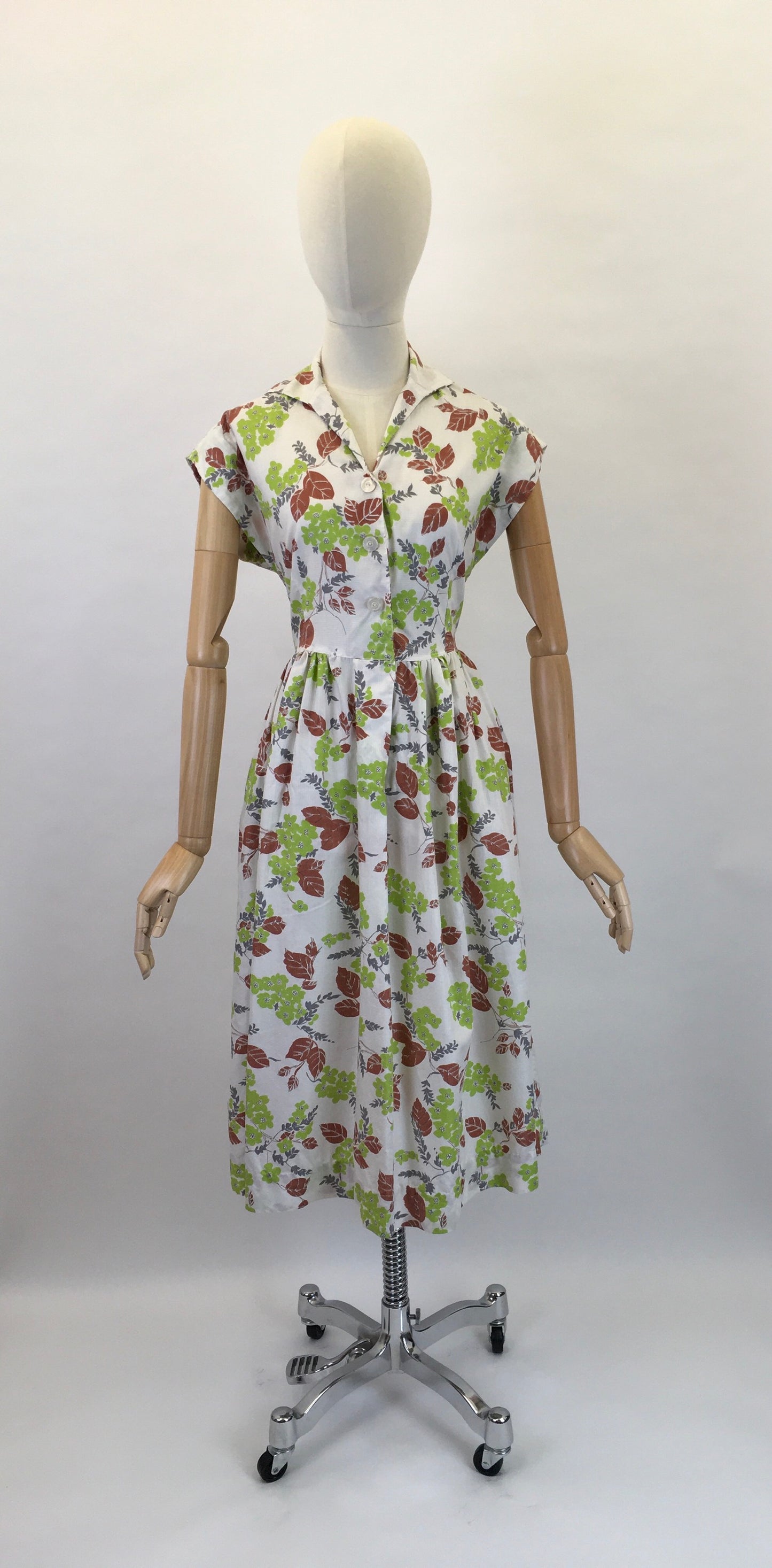 Original 1950s Crisp Cotton Day Dress - In Autumnal Shades of Warm Browns, Soft Greys and Bright Olive Green