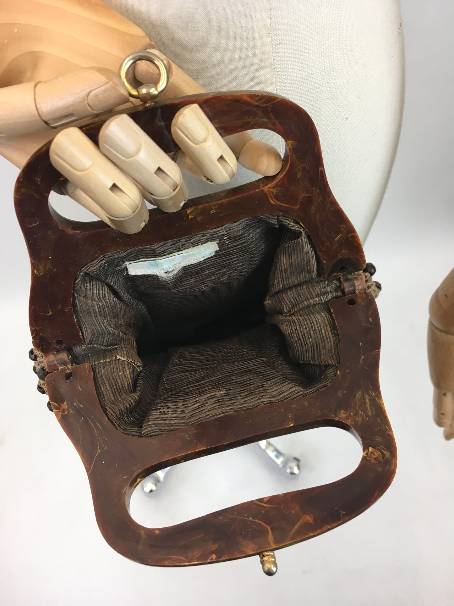 Original 1950's Fabulous Crochet Handbag - With Early Plastic Marbled Handle and Beadwork