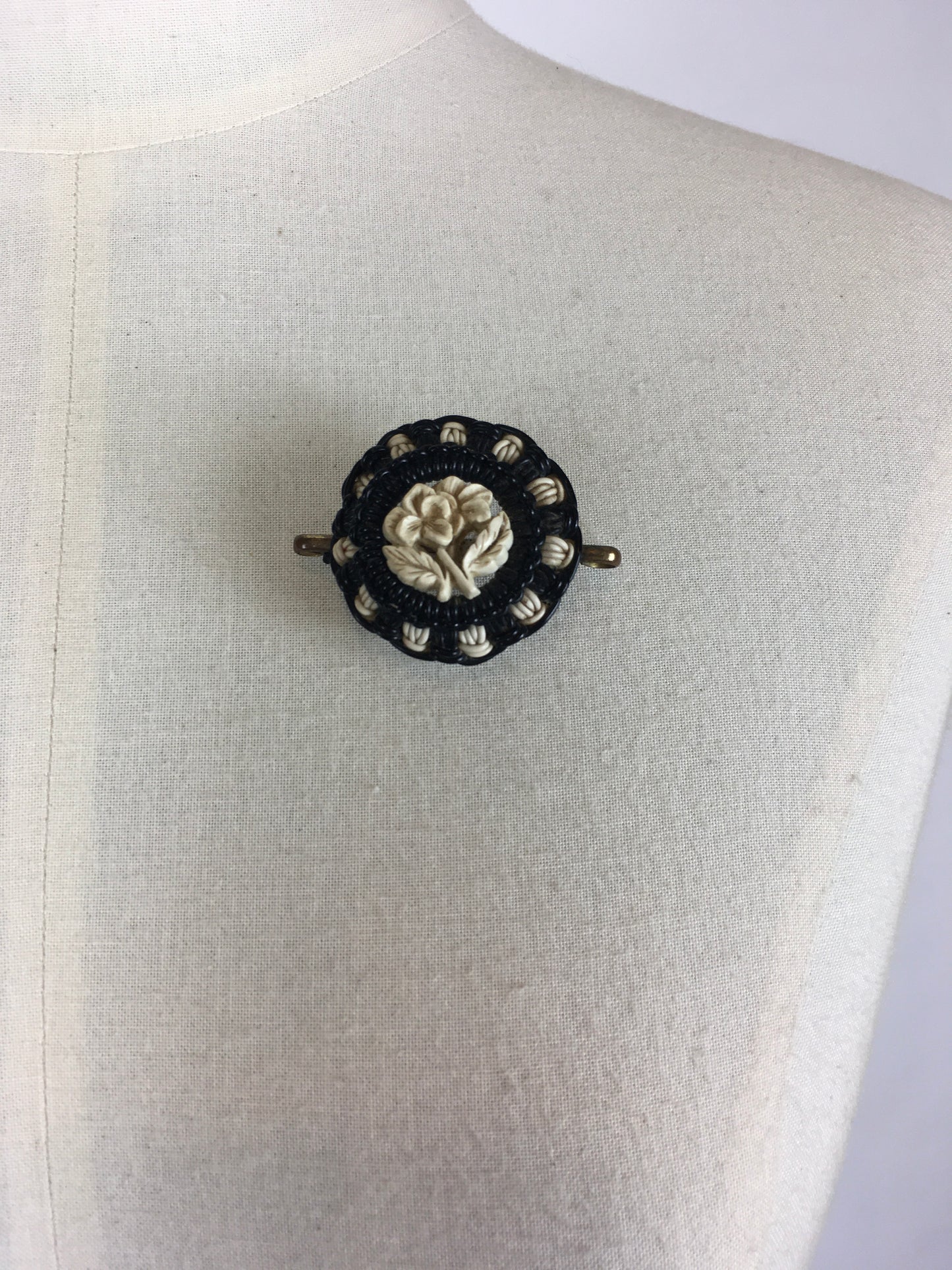 Original 1940’s Make Do And Mend Telephone Cord Brooch - In A Simple Black & White Colourway