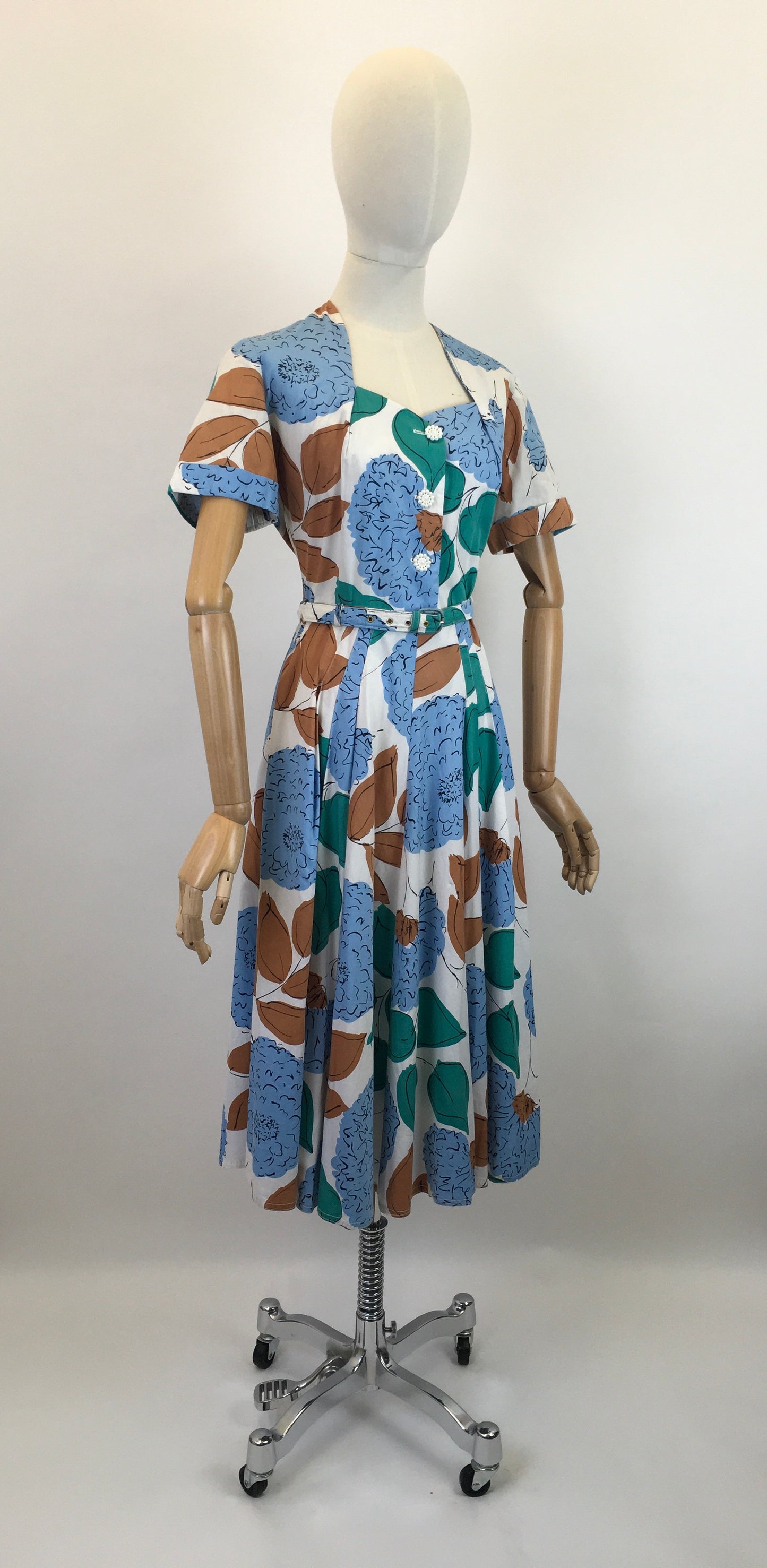 Original Late 1940’s Floral Cotton Day Dress - In Airforce Blue, Caramel Brown, Emerald on Crisp Off White
