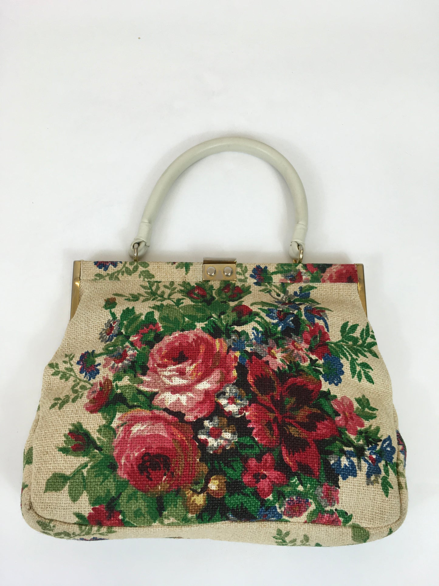 Original 1950’s Fabulous Floral Handbag - With Gold Metalwork Frame and Cream Handle