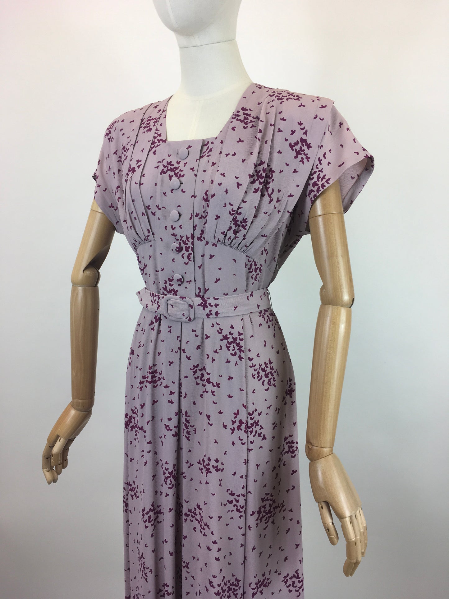 Original 1940's Darling Crepe Dress - In A Delicate Lilac with Berry Coloured Print