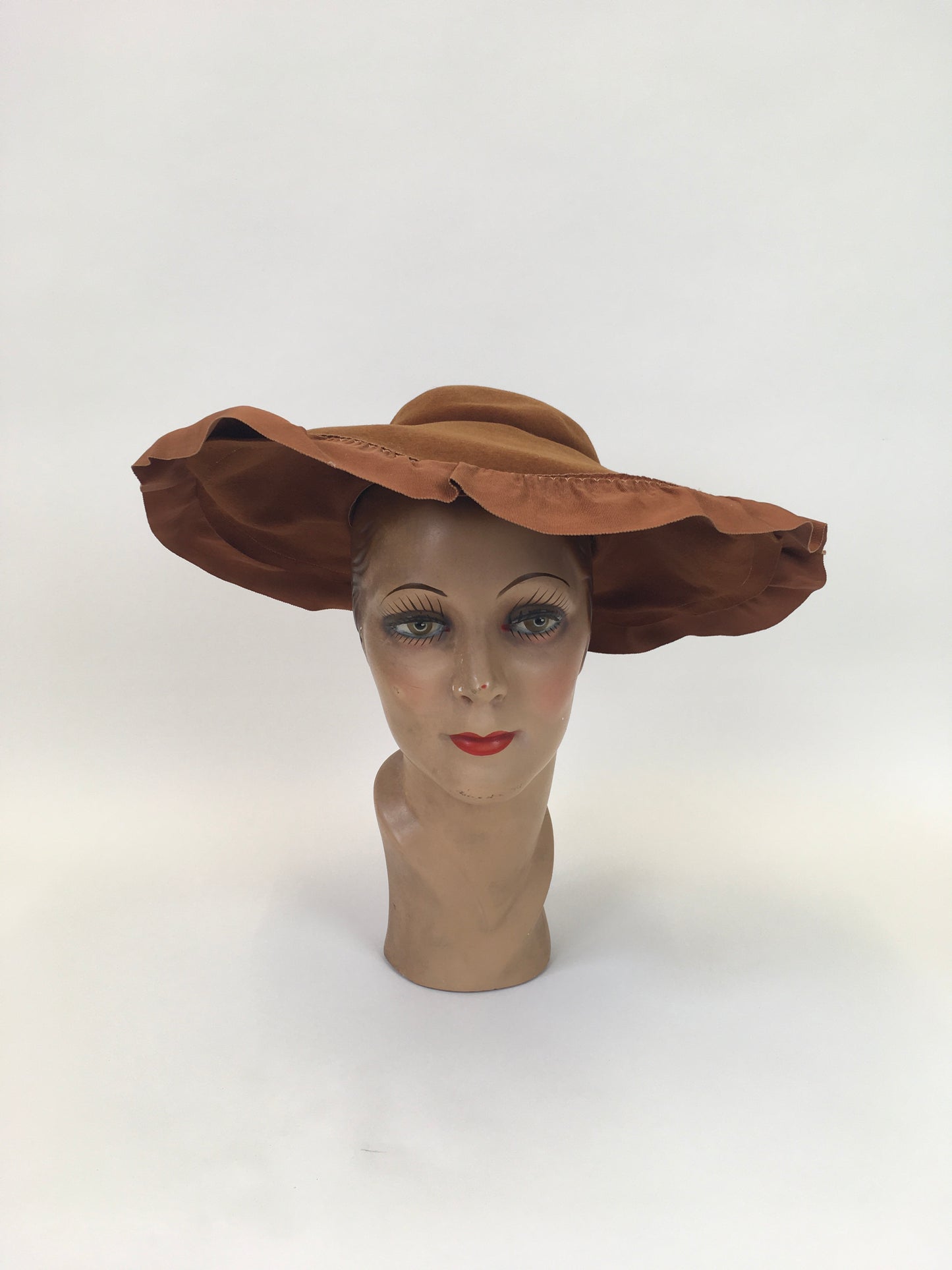 Original 1940's Sensational Brimmed Hat - In Warm Cinnamon With a Ruffled Trim