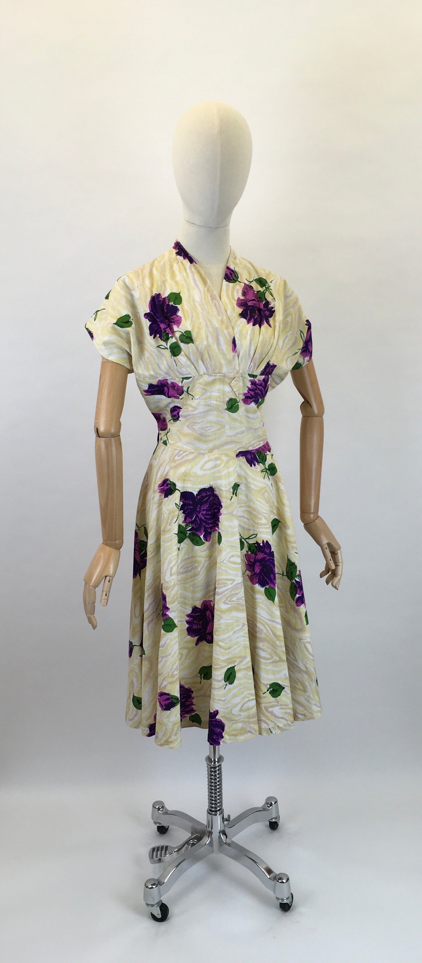 Original 1950s Darling Dress By ‘ Coopella’ - In a Lightweight Cotton In Yellow Swirls with Rich Purple Roses