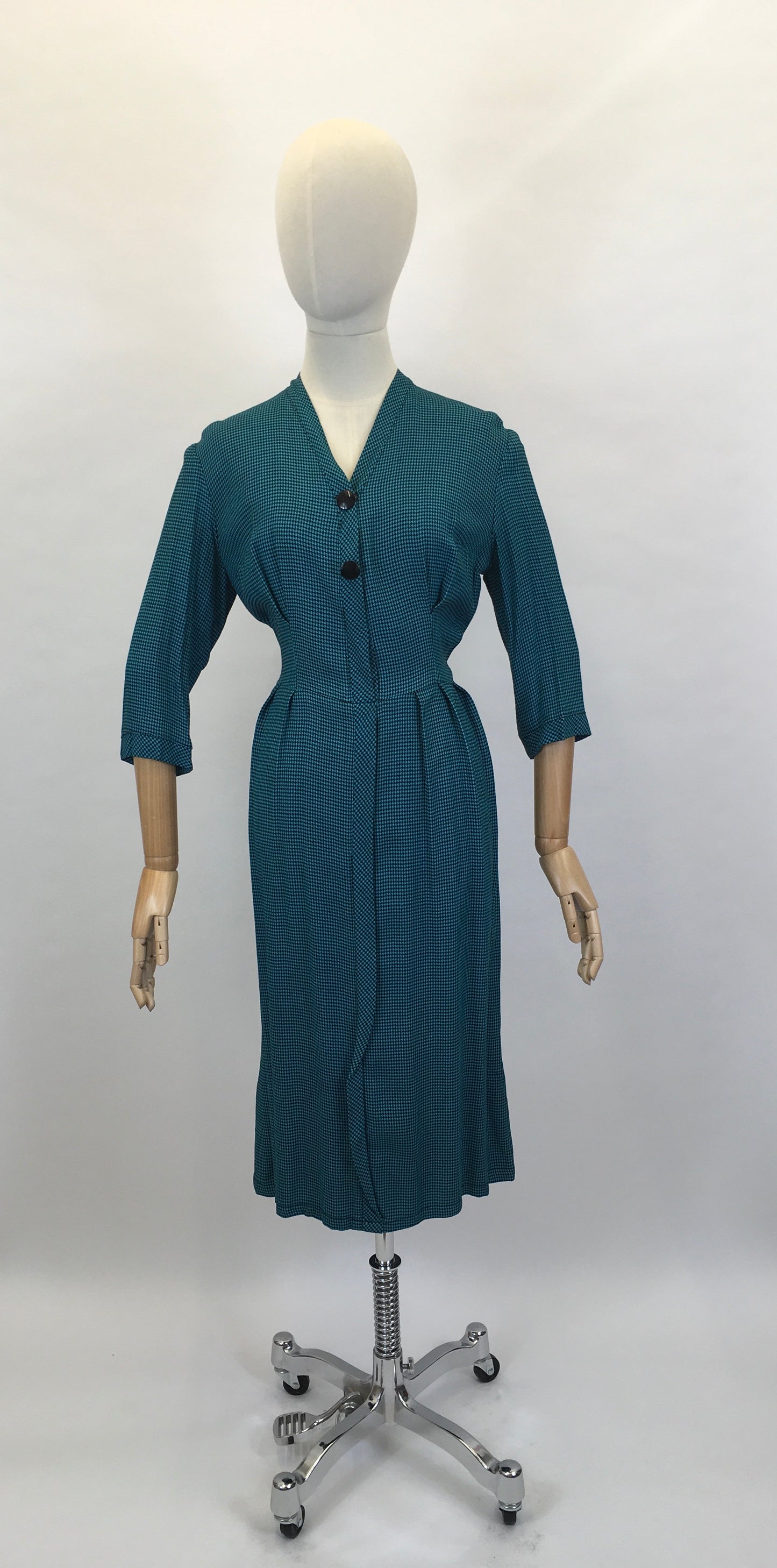 Original Early 1950’s Fabulous Day Dress - In A Lovely Deep Teal Dogtooth Cotton