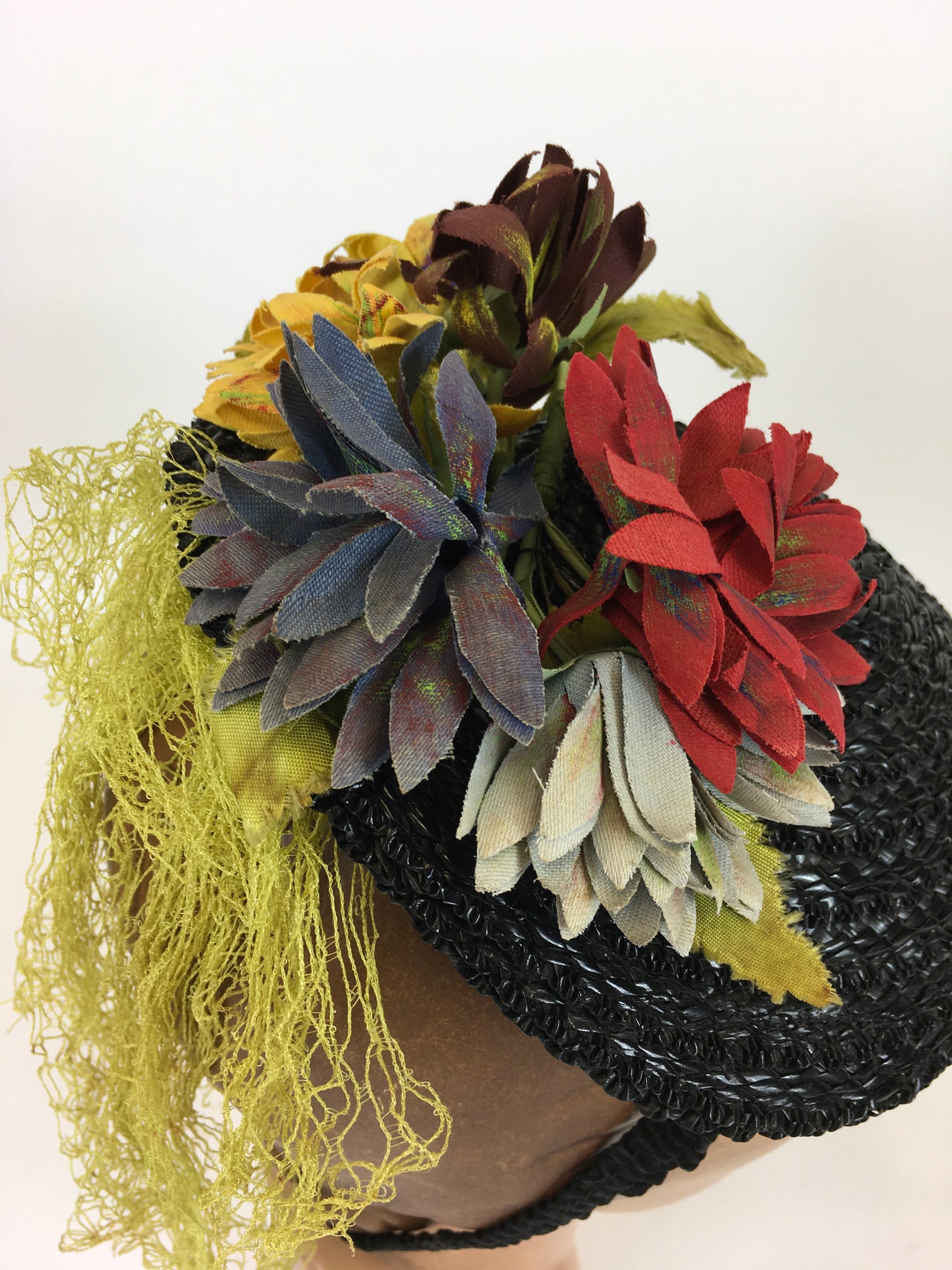 Original 1940's Fabulous Black Topper Tilt Hat - With Pops Of Chartreuse, Red, Lilac & Amber